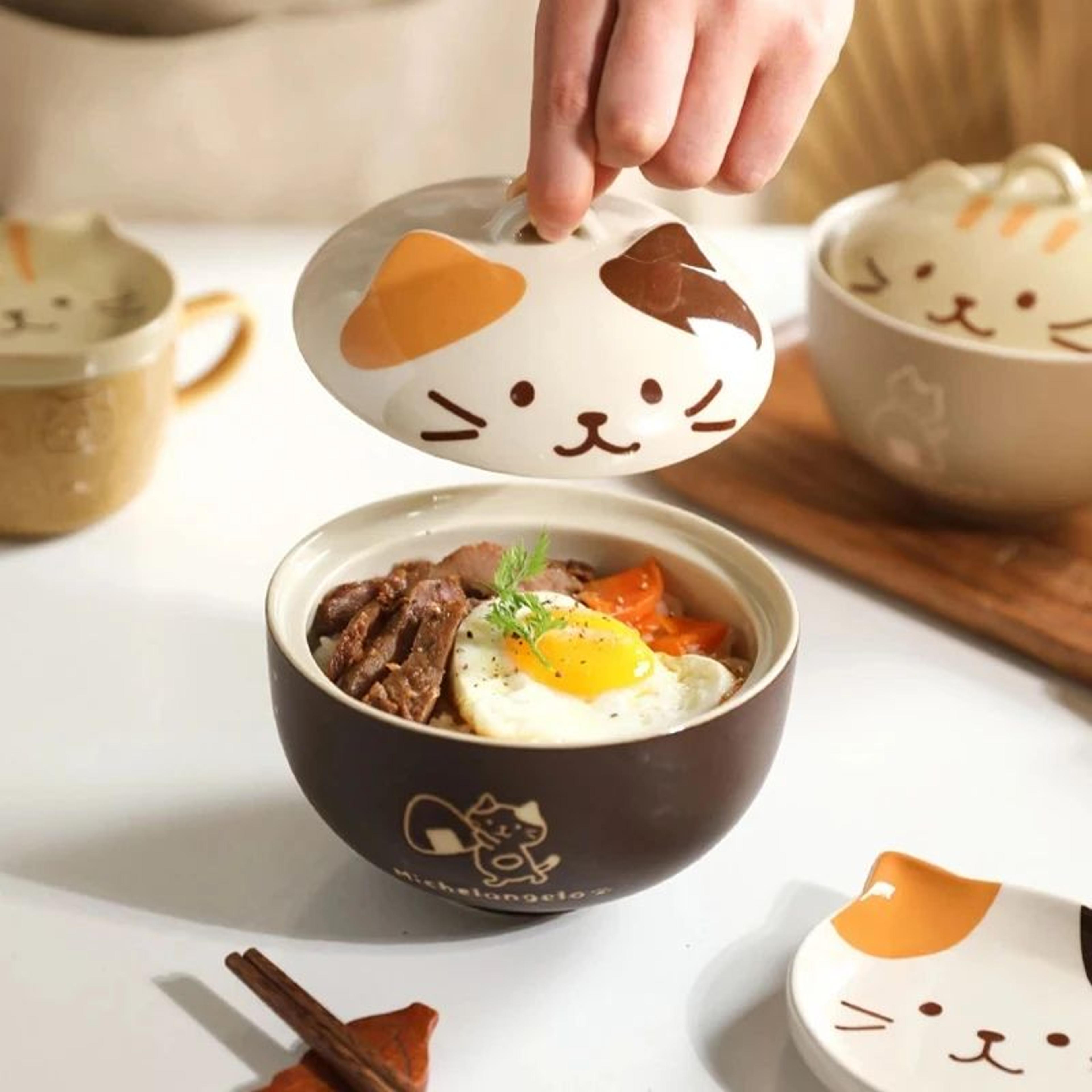 550ml cartoon cat ceramic noodle bowl with lid for ramen soup and salad