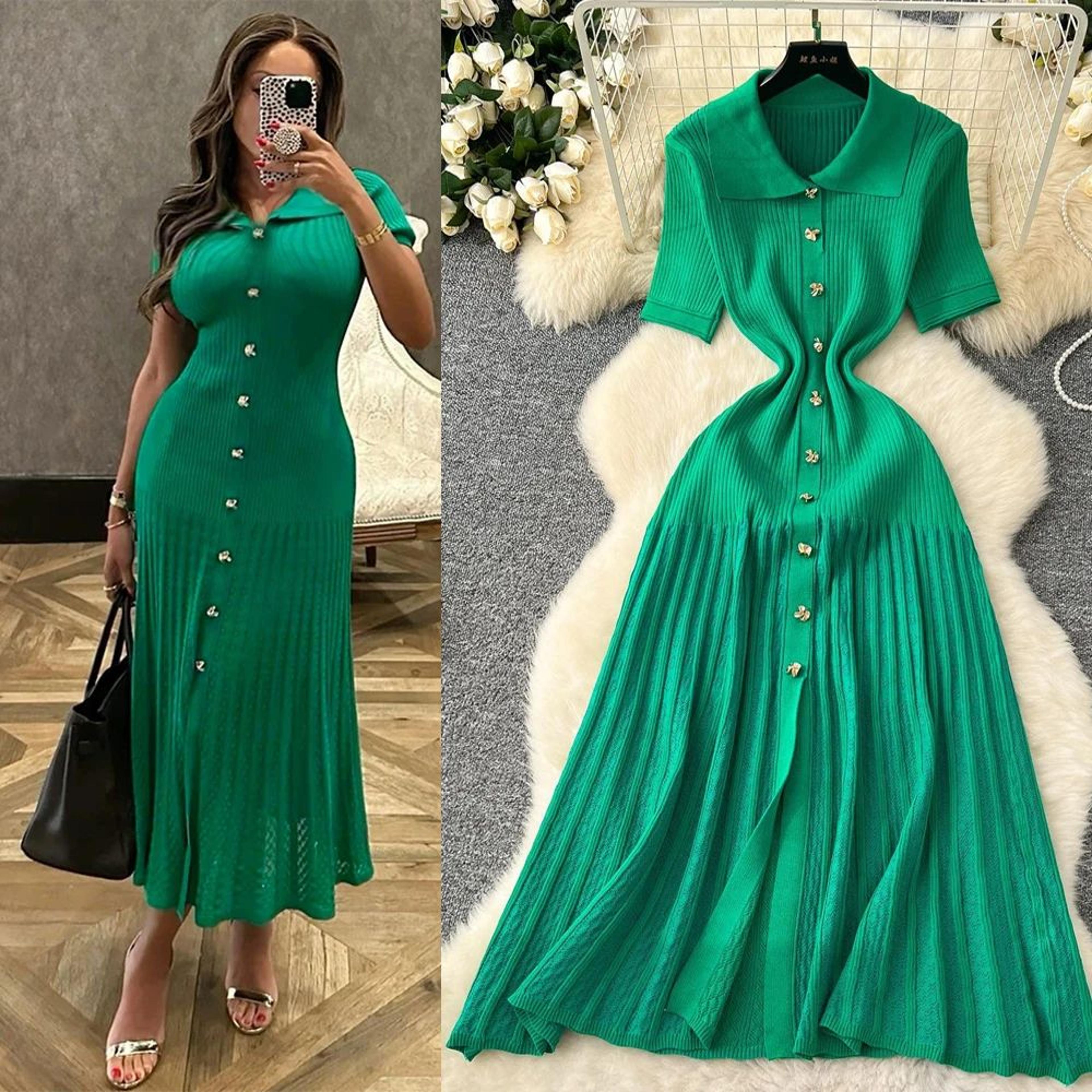 elegant patchwork knitted maxi dress with turn-down collar