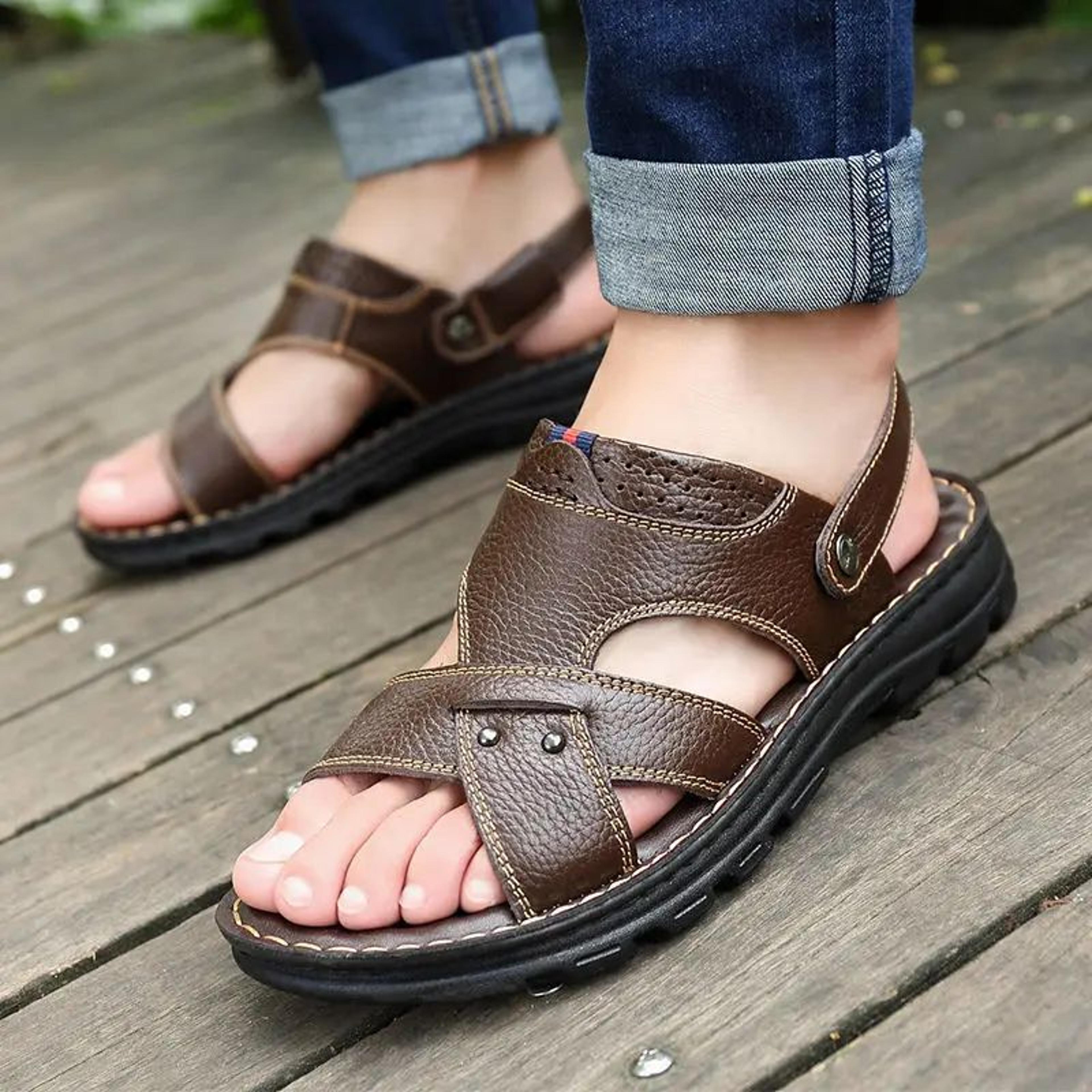 men's genuine leather sandals non-slip thick sole outdoor beach shoes