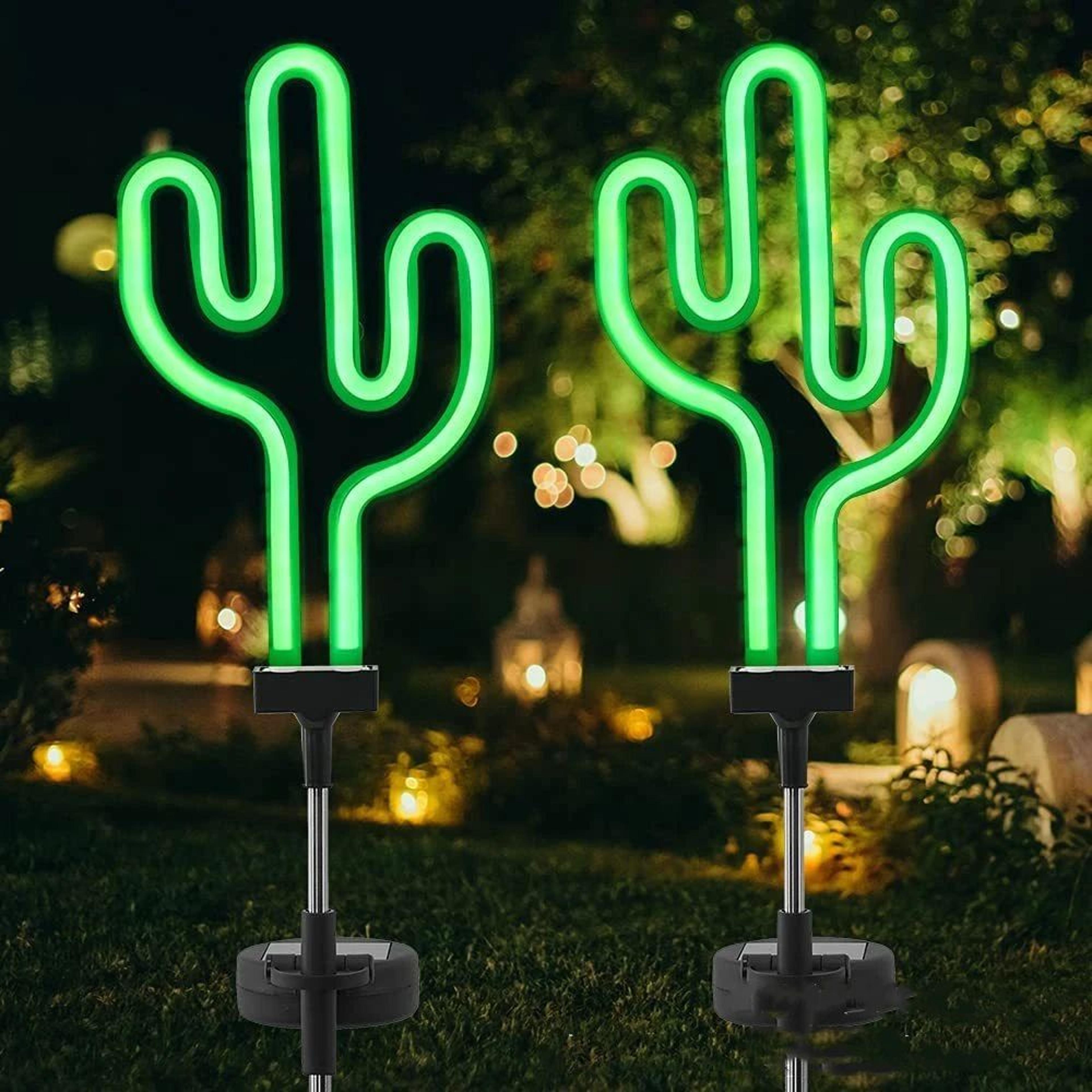 solar flamingo and cactus neon garden stake lights for outdoor lawn and patio decor