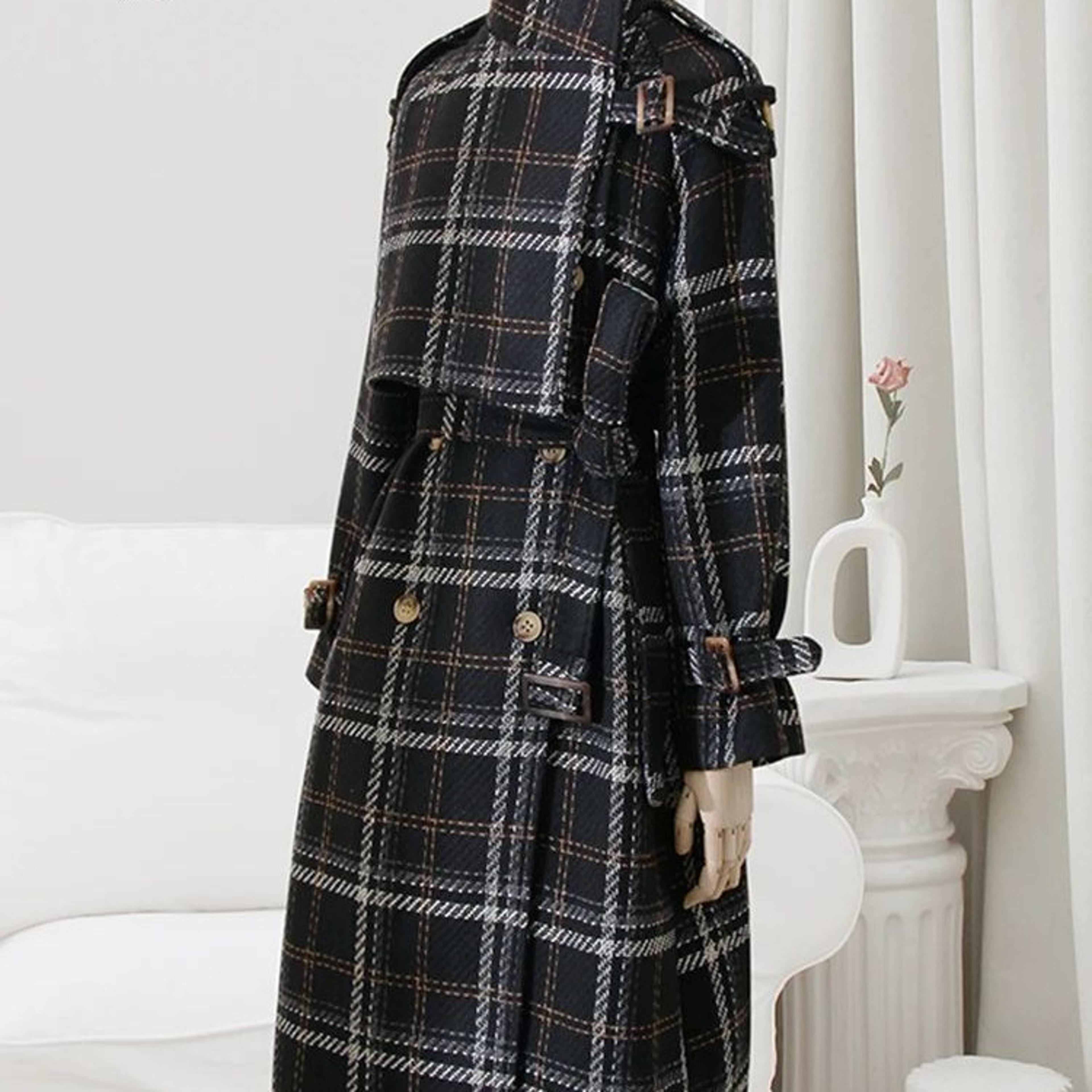 women's long plaid wool blend trench coat with belt and double breasted design