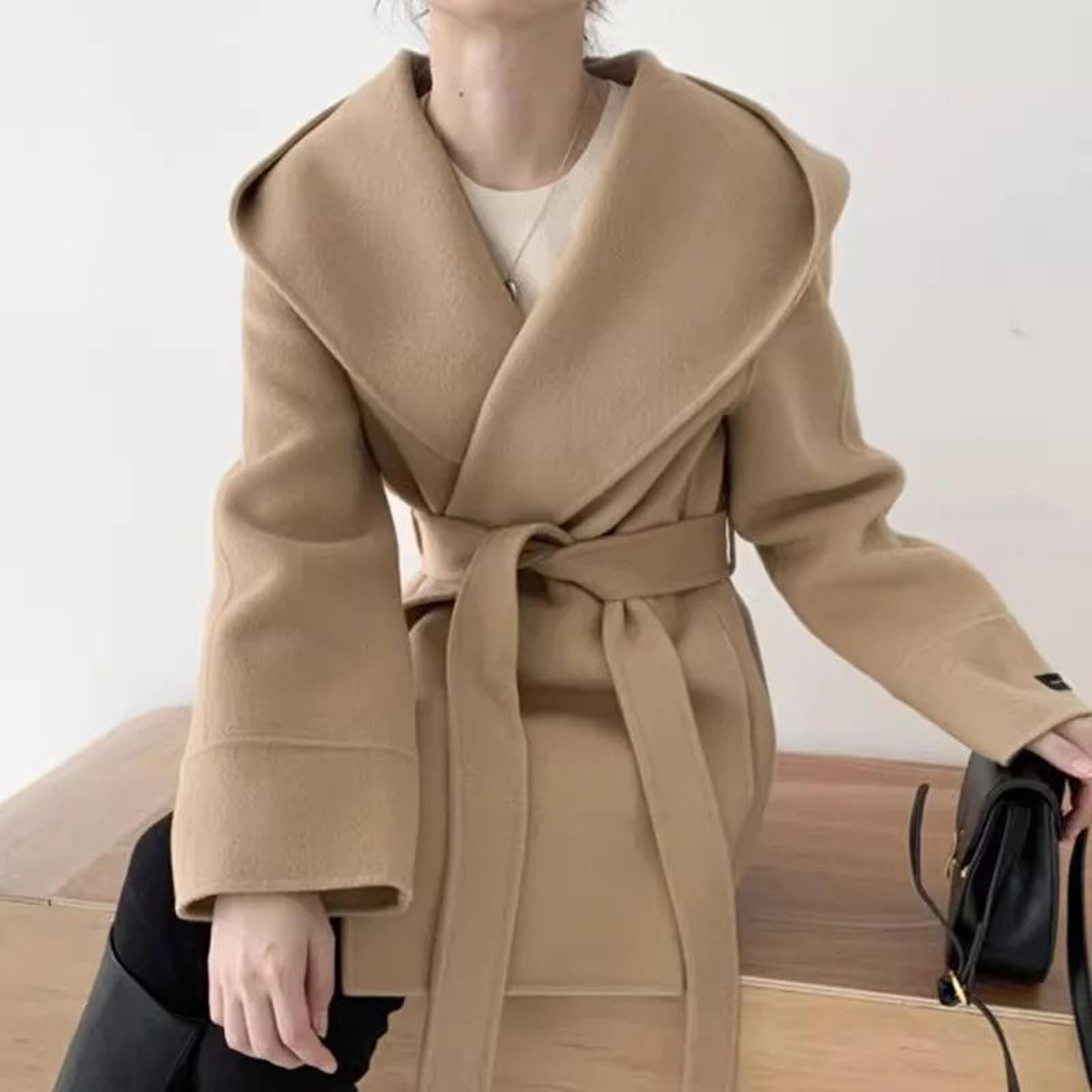 women's hooded wool blend coat with lace-up closure - elegant vintage winter jacket