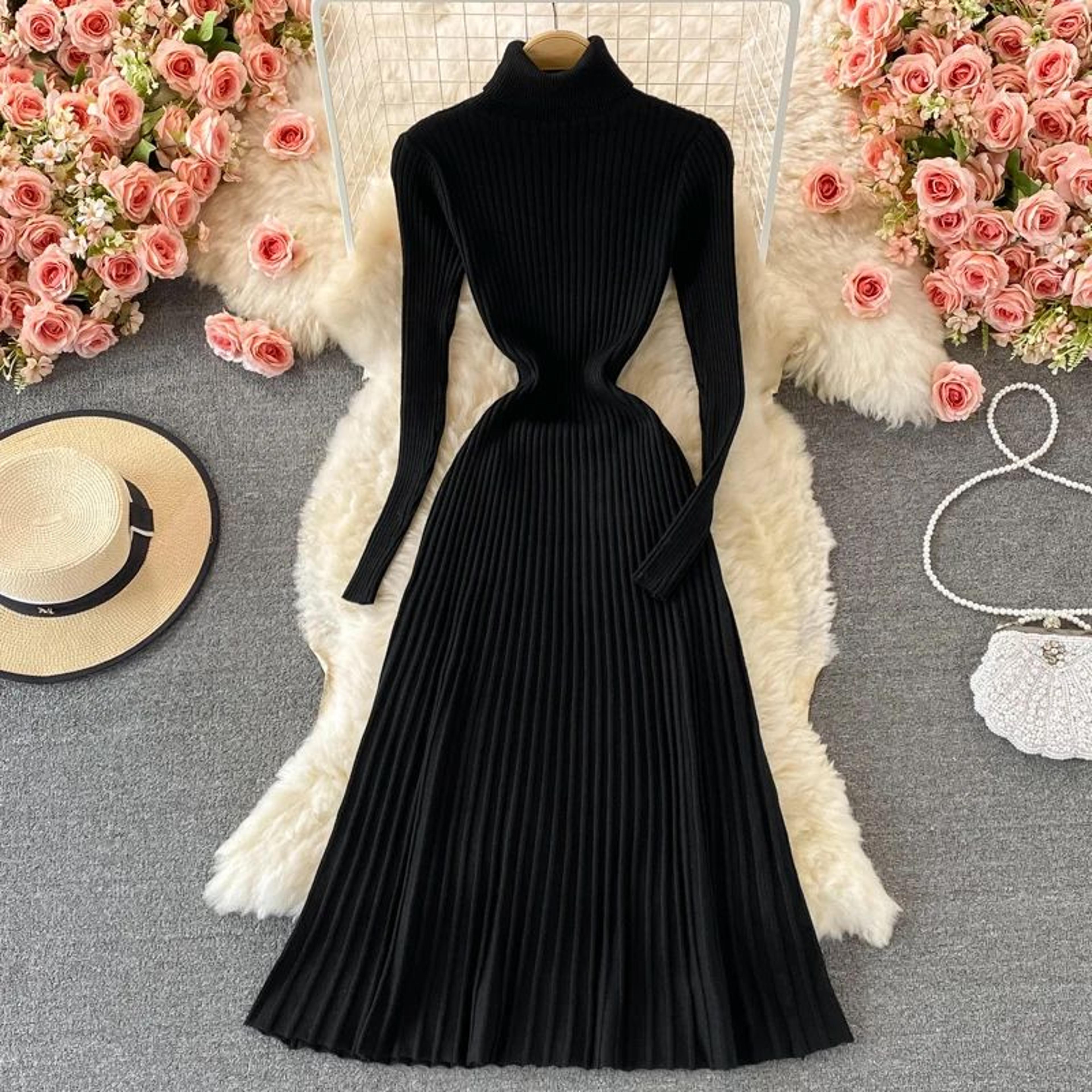 women's pleated turtleneck bodycon sweater dress - long sleeve slim fit knit dress