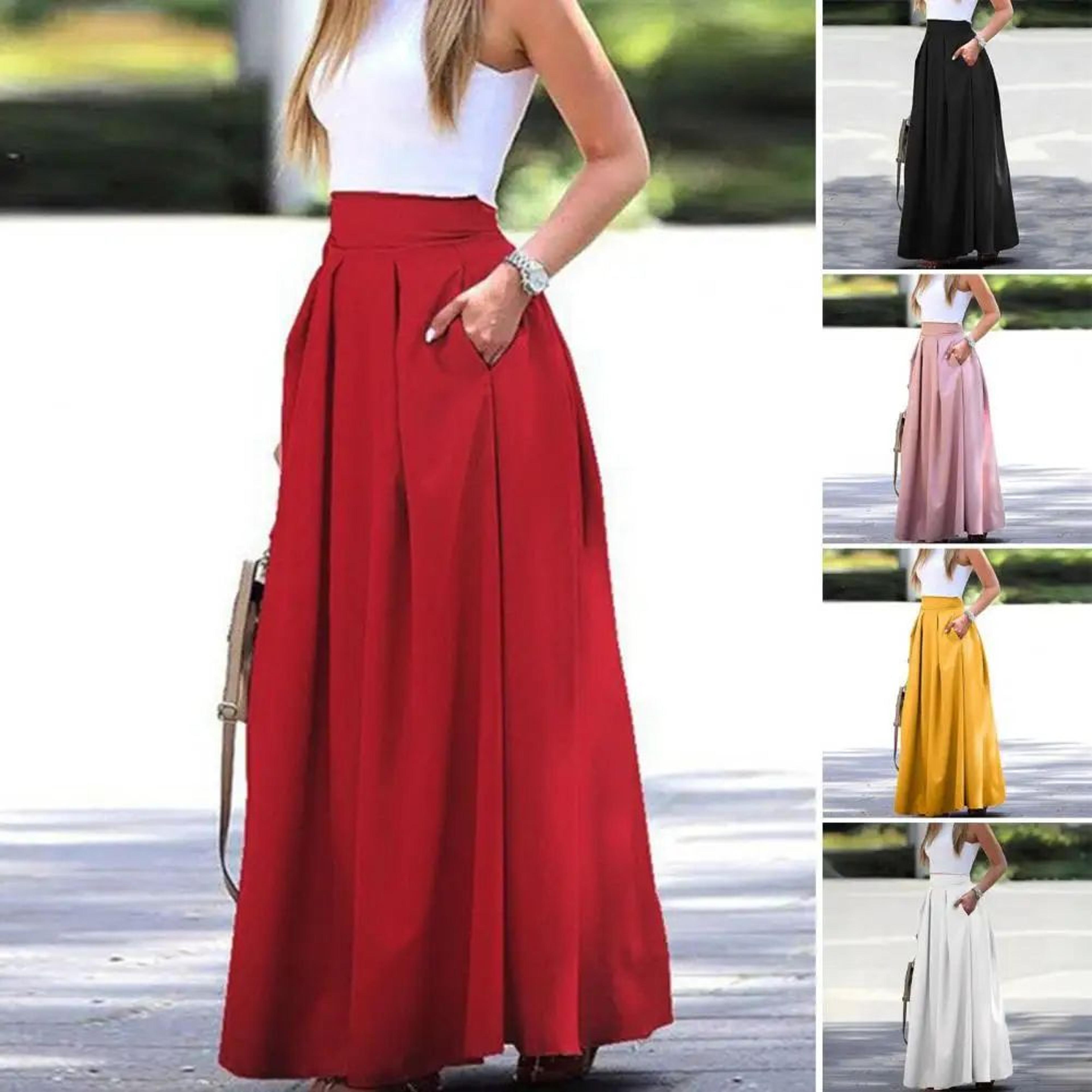 women's high waist flowy maxi skirt with pockets - elegant lightweight long skirt