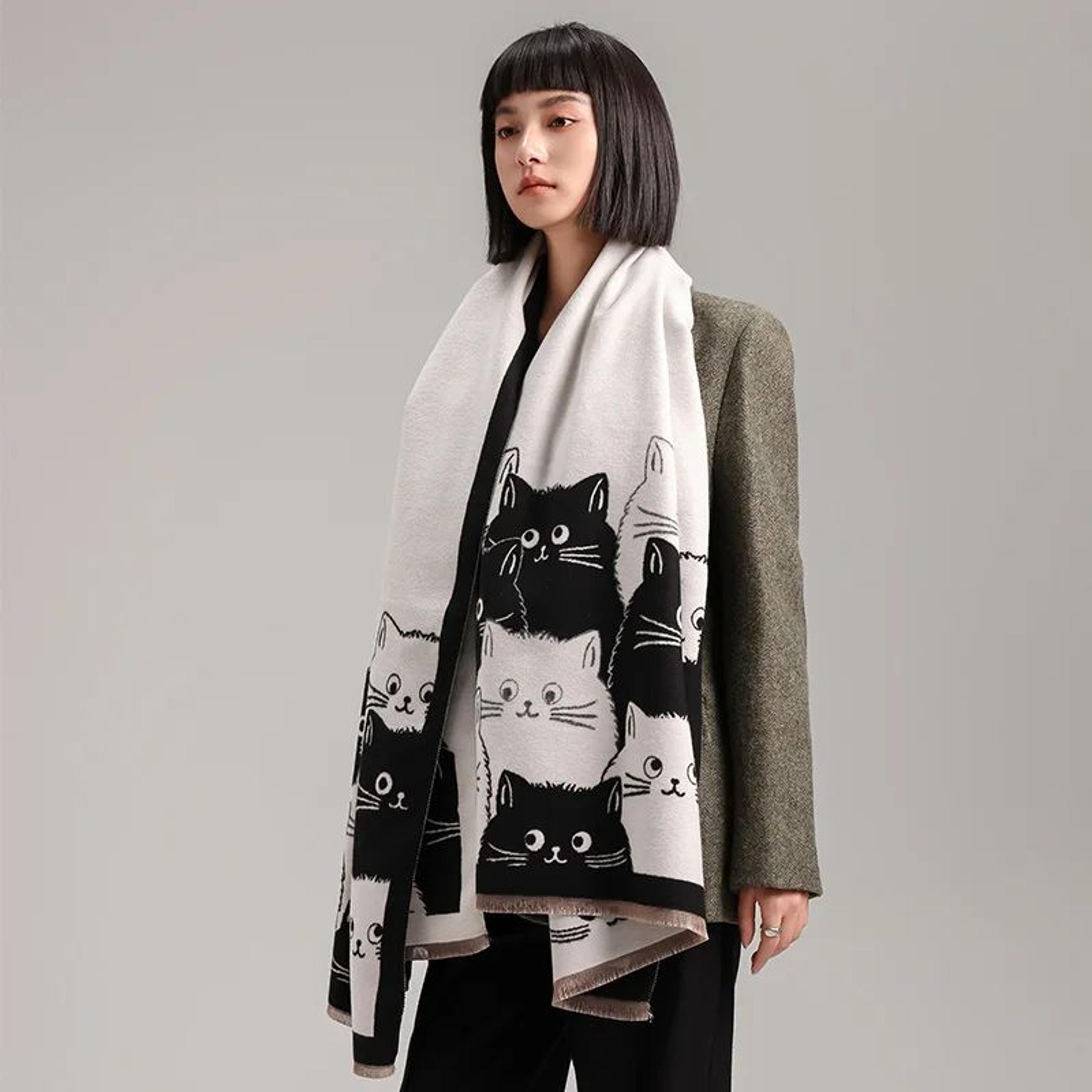 cute cat jacquard pashmina scarf for women - thick warm winter shawl wrap
