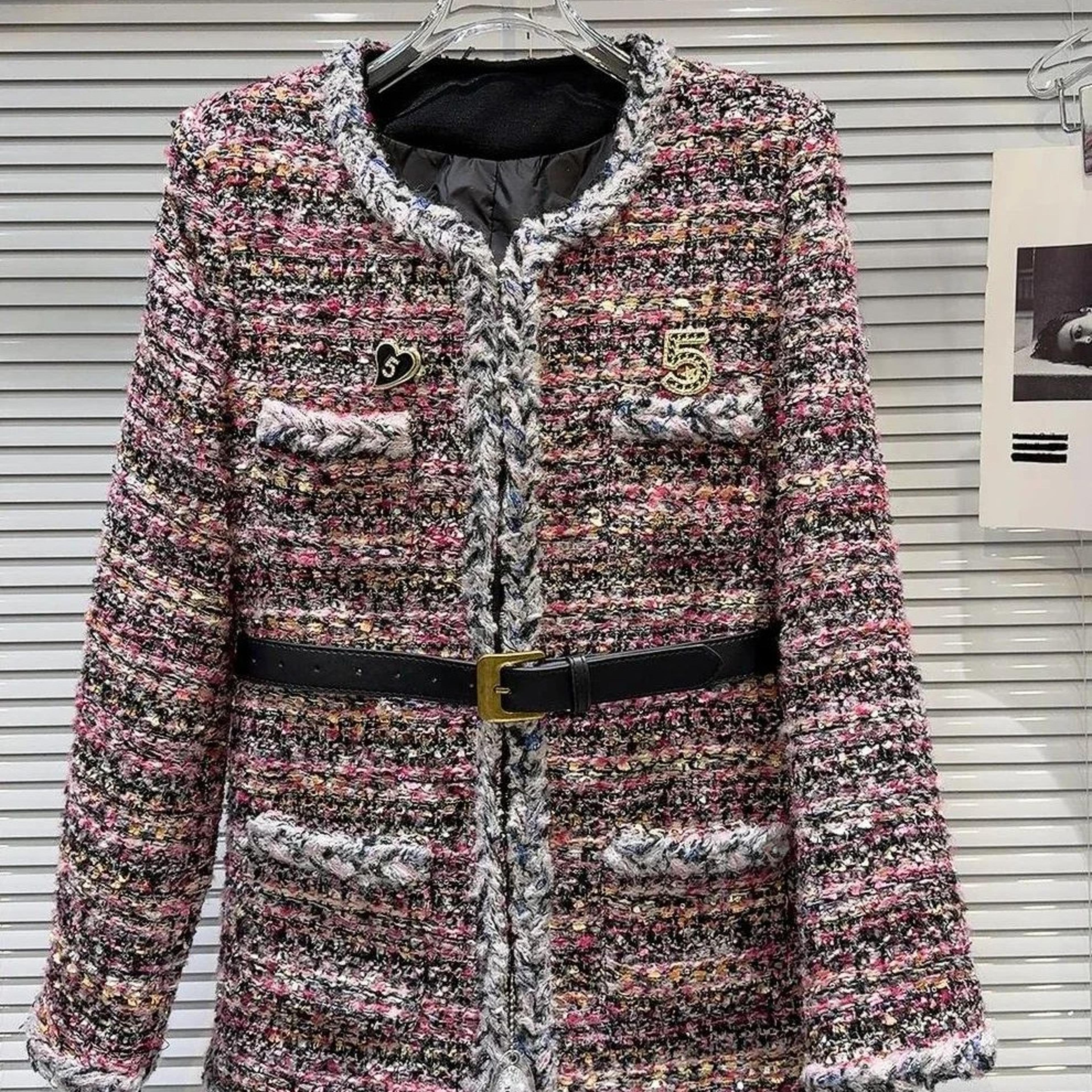 women's french tweed belted winter coat - slim fit mid-length patchwork jacket