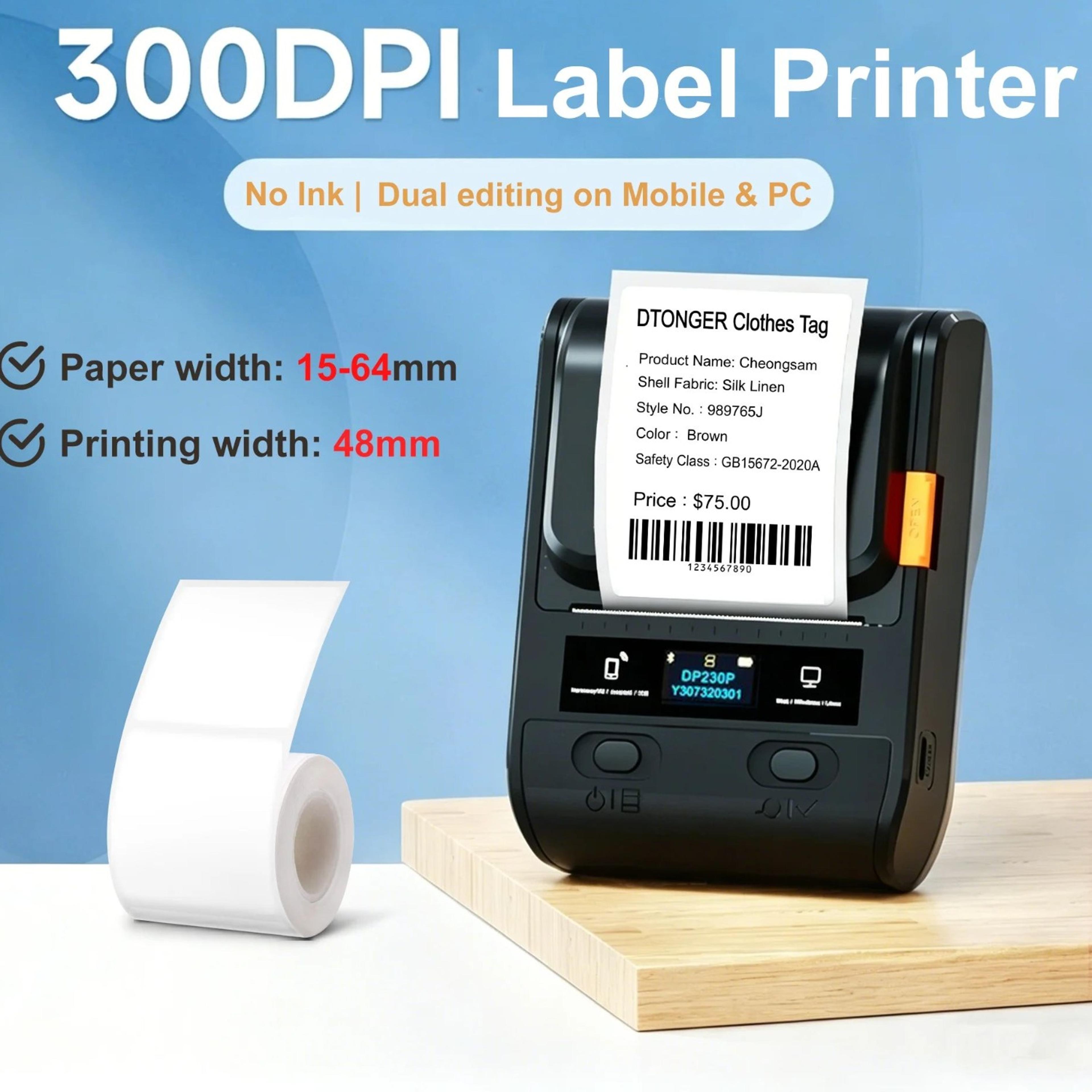 300dpi wireless bluetooth thermal label printer for barcode and sticker printing