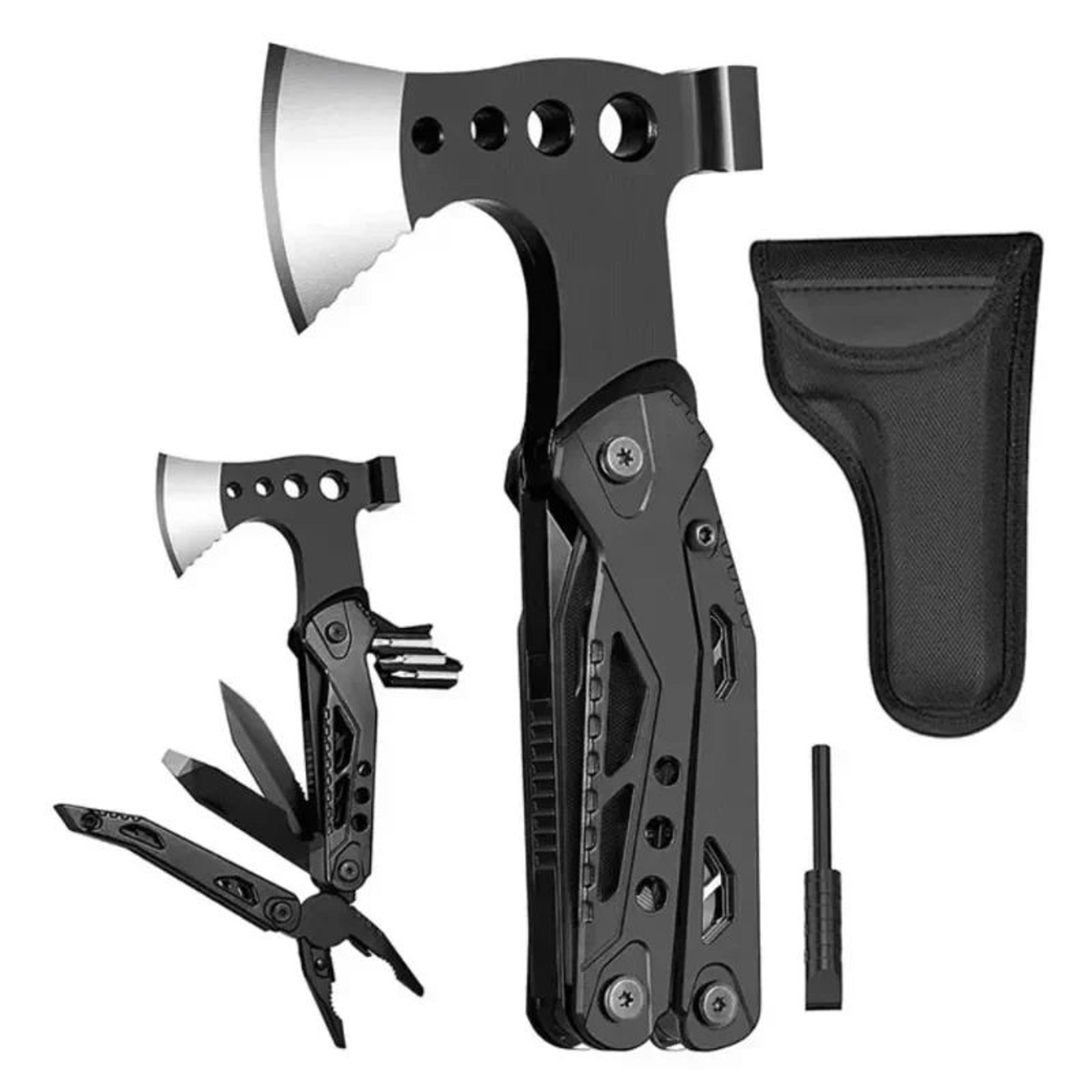 portable survival axe multitool with folding pliers, hammer and pocket knife for camping