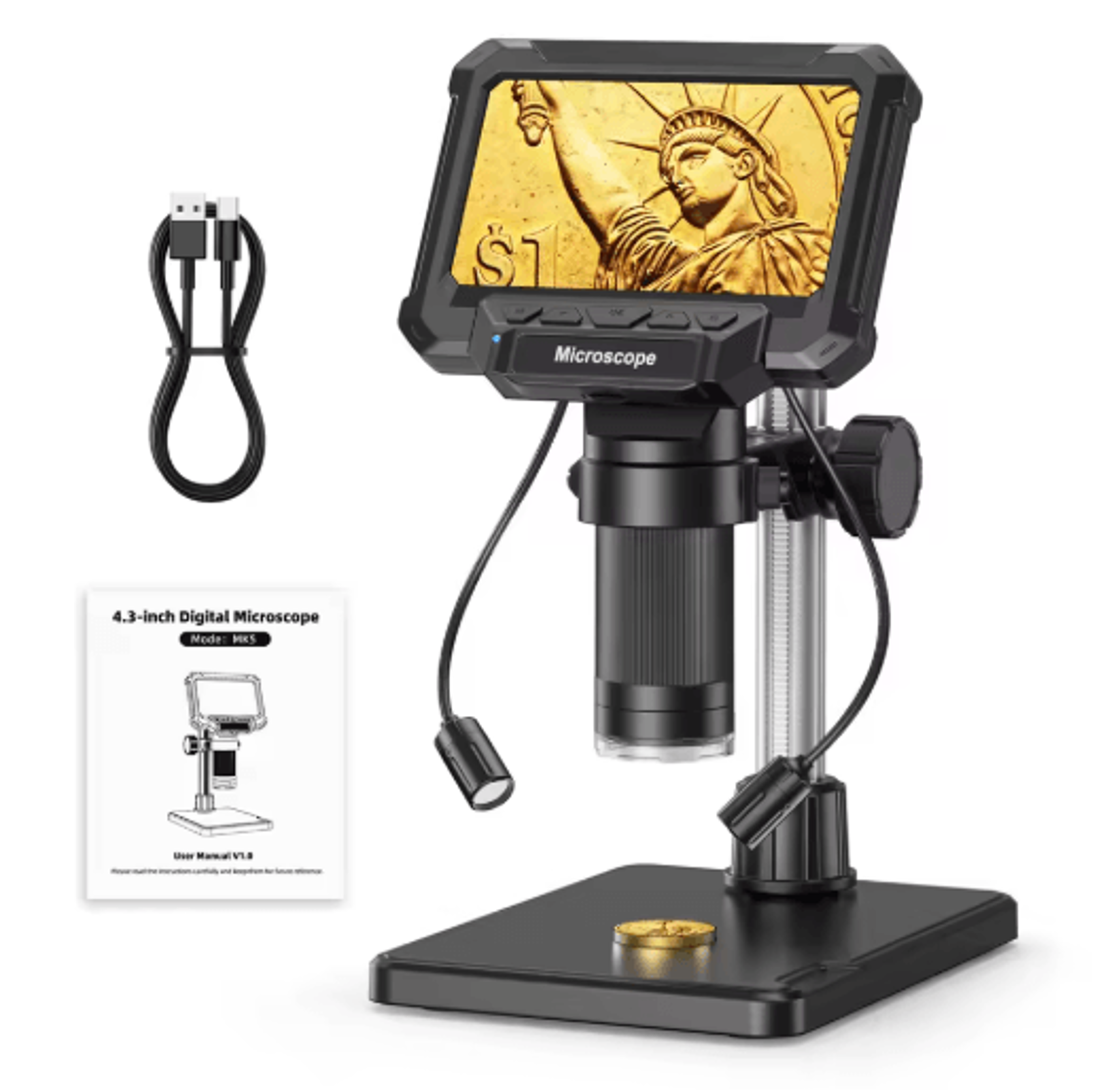 1600x digital microscope with 4.3 inch ips screen coin & pcb inspection microscope with led lights