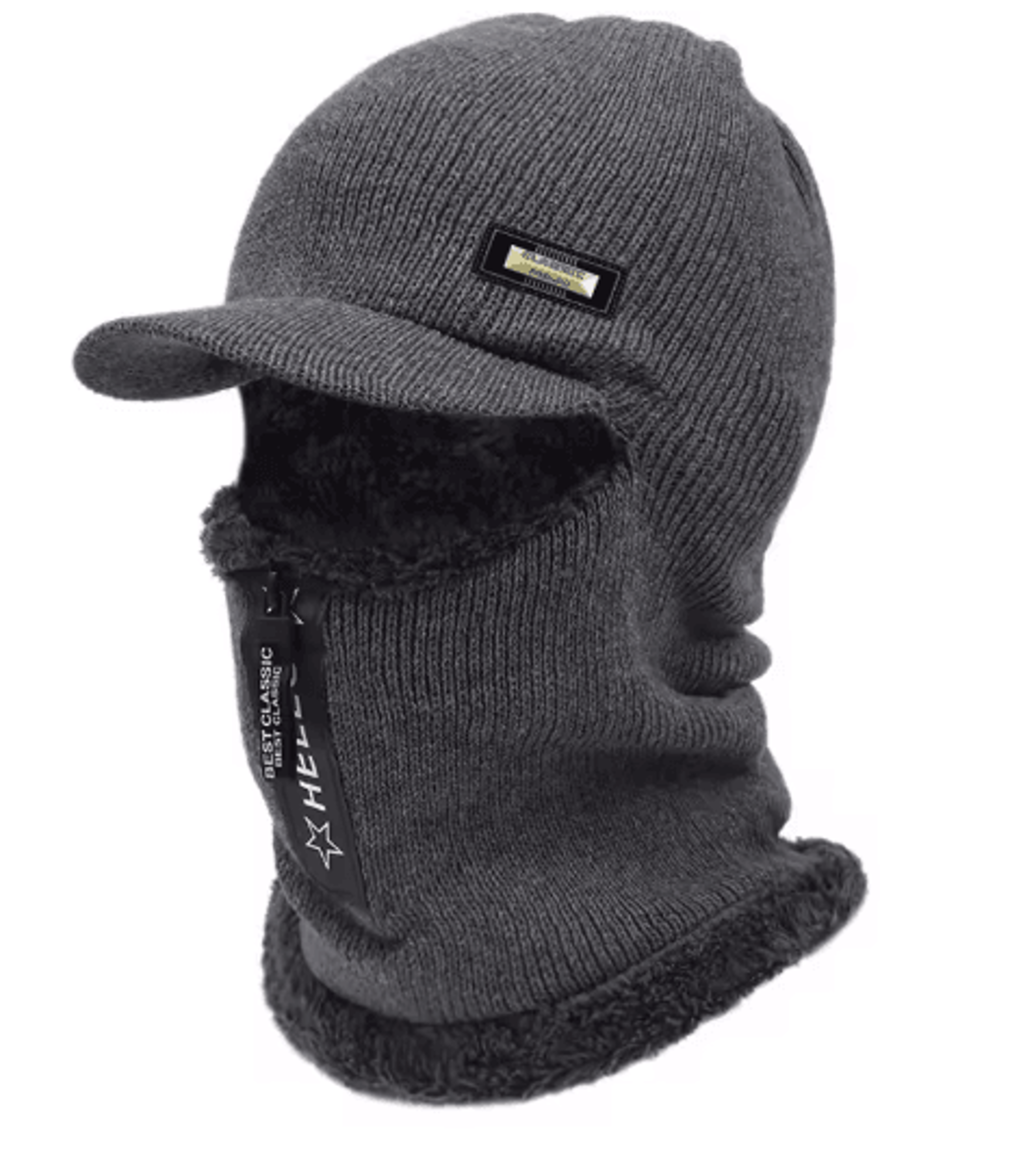 thick zipper knitted winter hat collar set cold resistant beanie for men women
