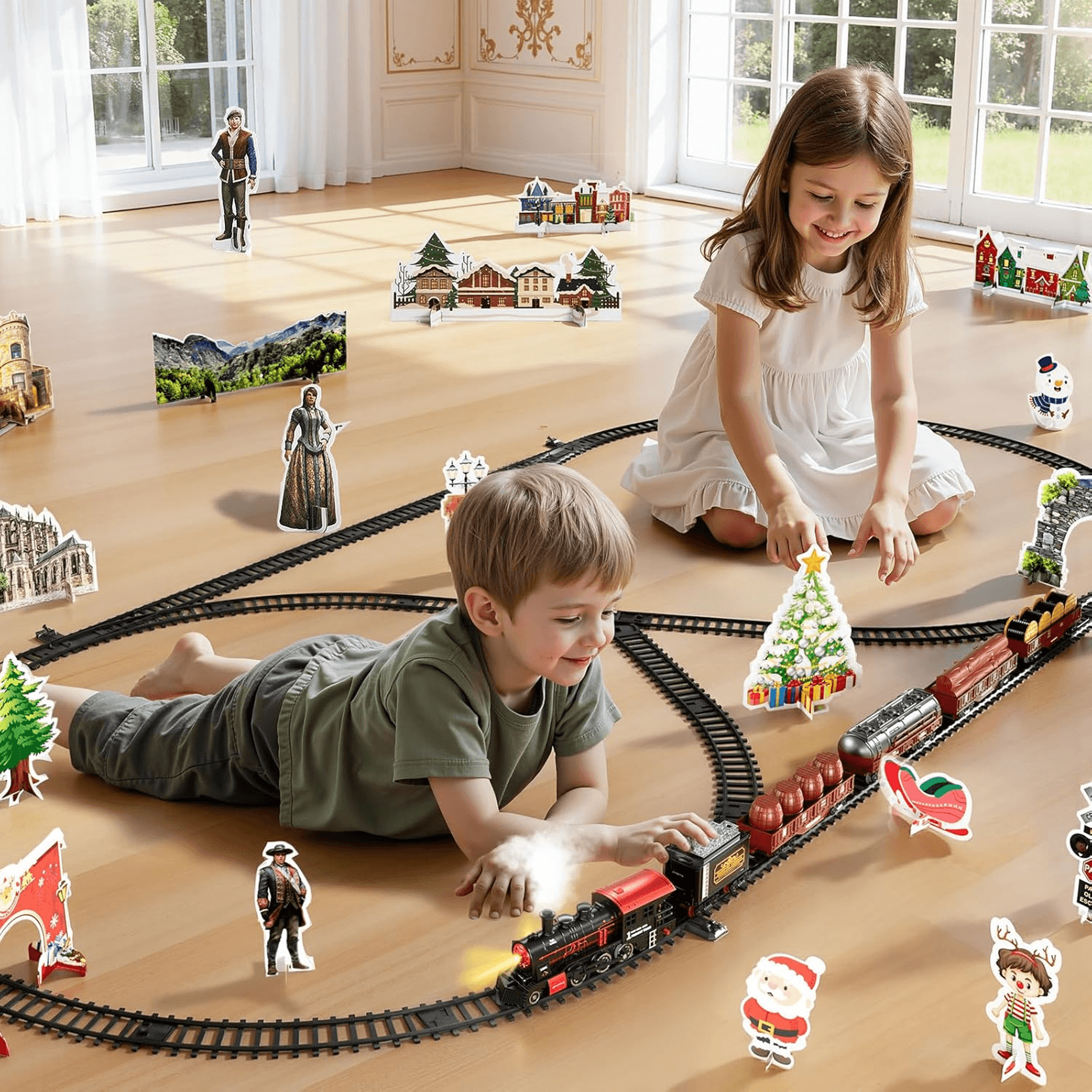 electric railway train set with smoke, lights and sound for realistic play