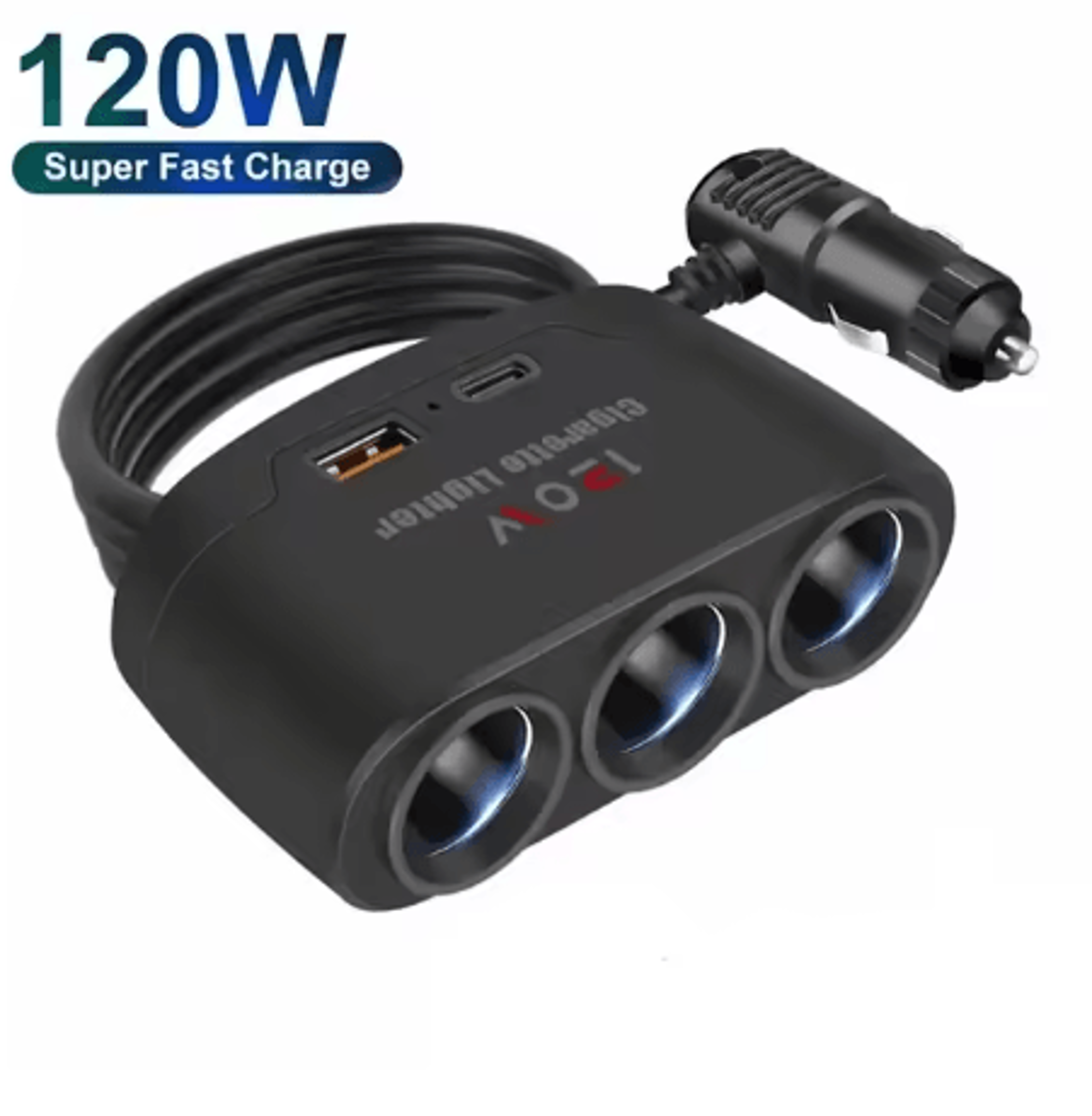 3 in 1 car cigarette lighter splitter dual usb 120w fast charger for 12v24v vehicles