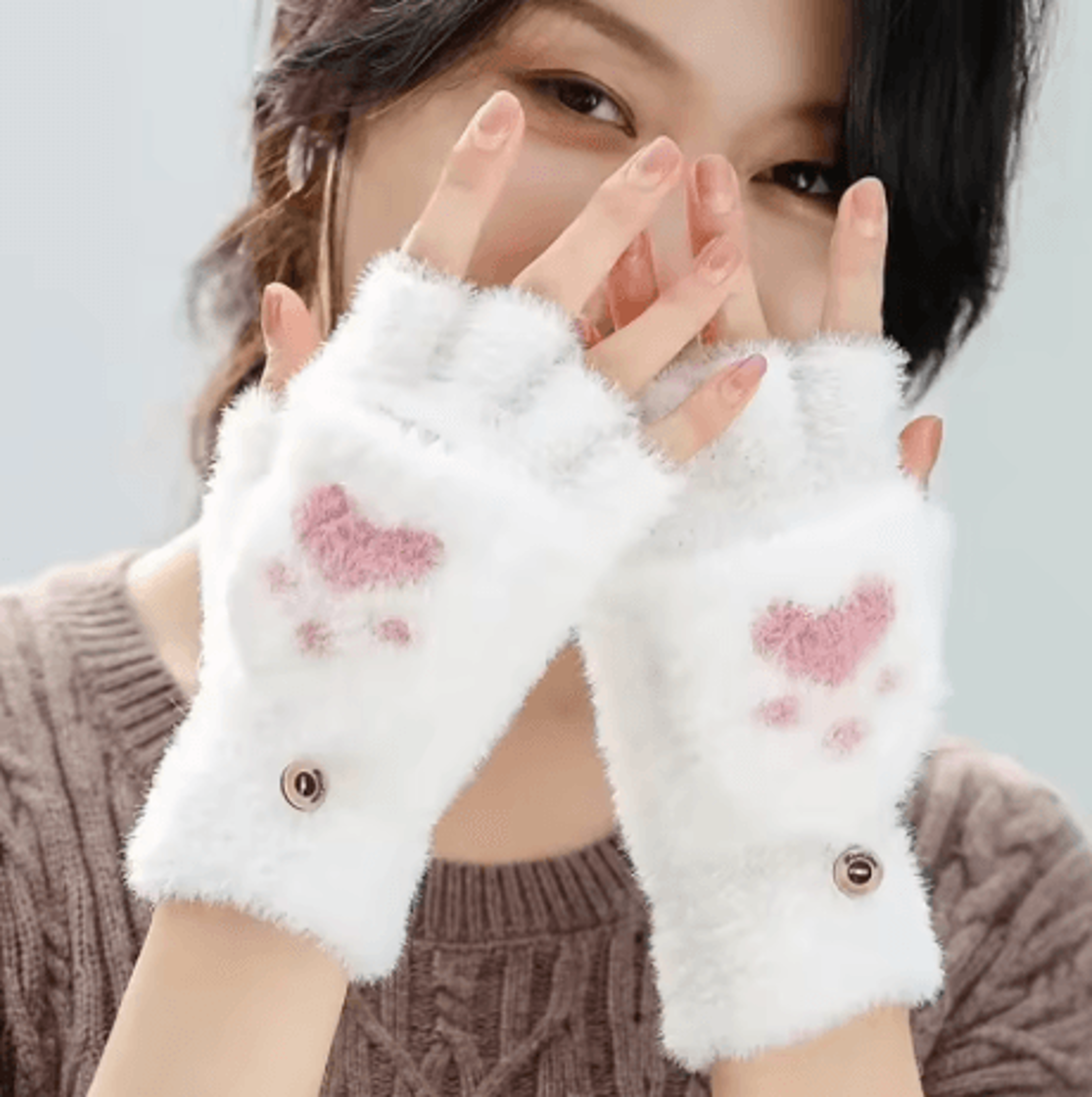 womens plush cat paw mittens thick warm fingerless winter gloves for girls