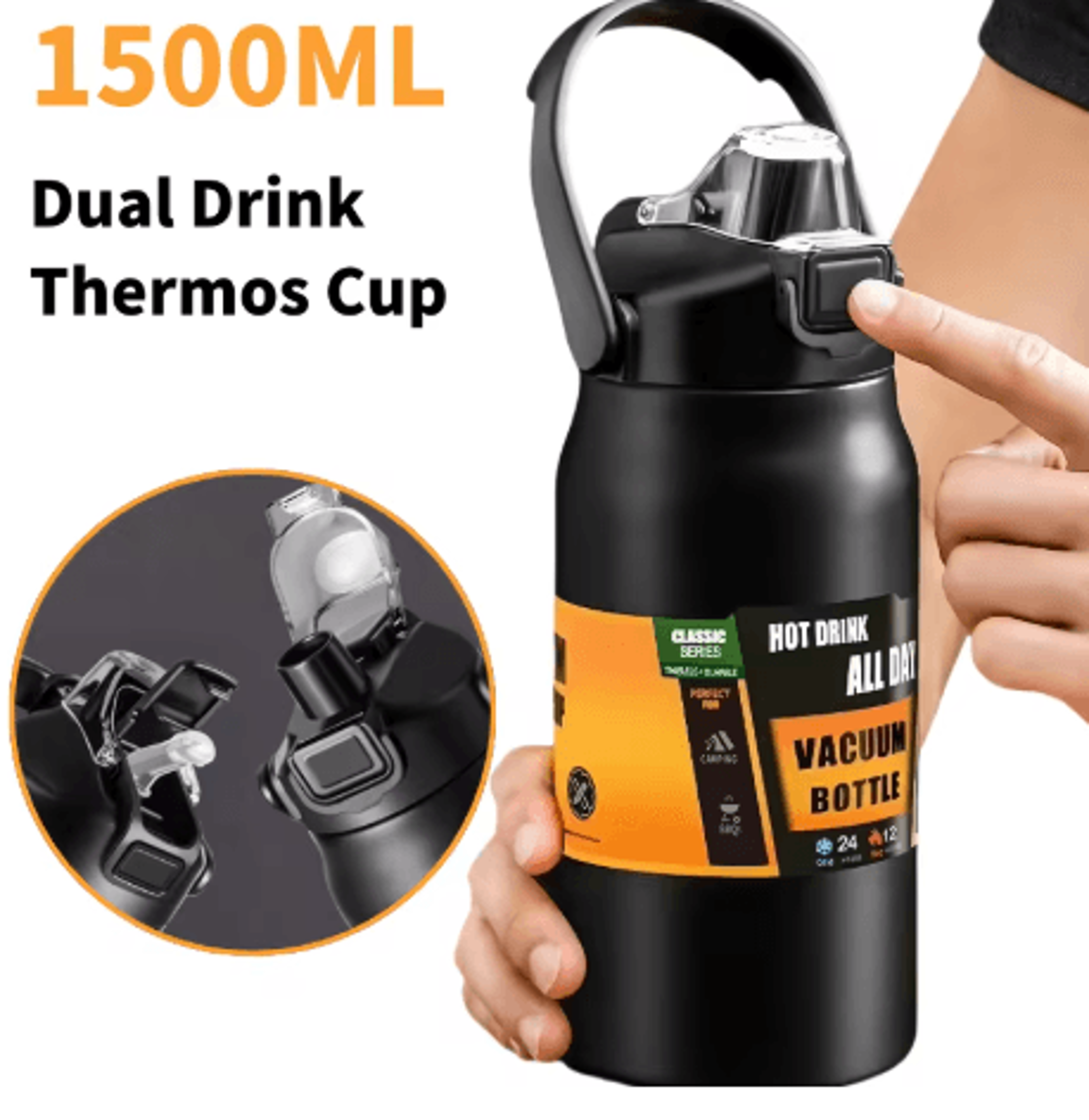 1500ml stainless steel thermal mug vacuum insulated sports water bottle with straw hot and cold