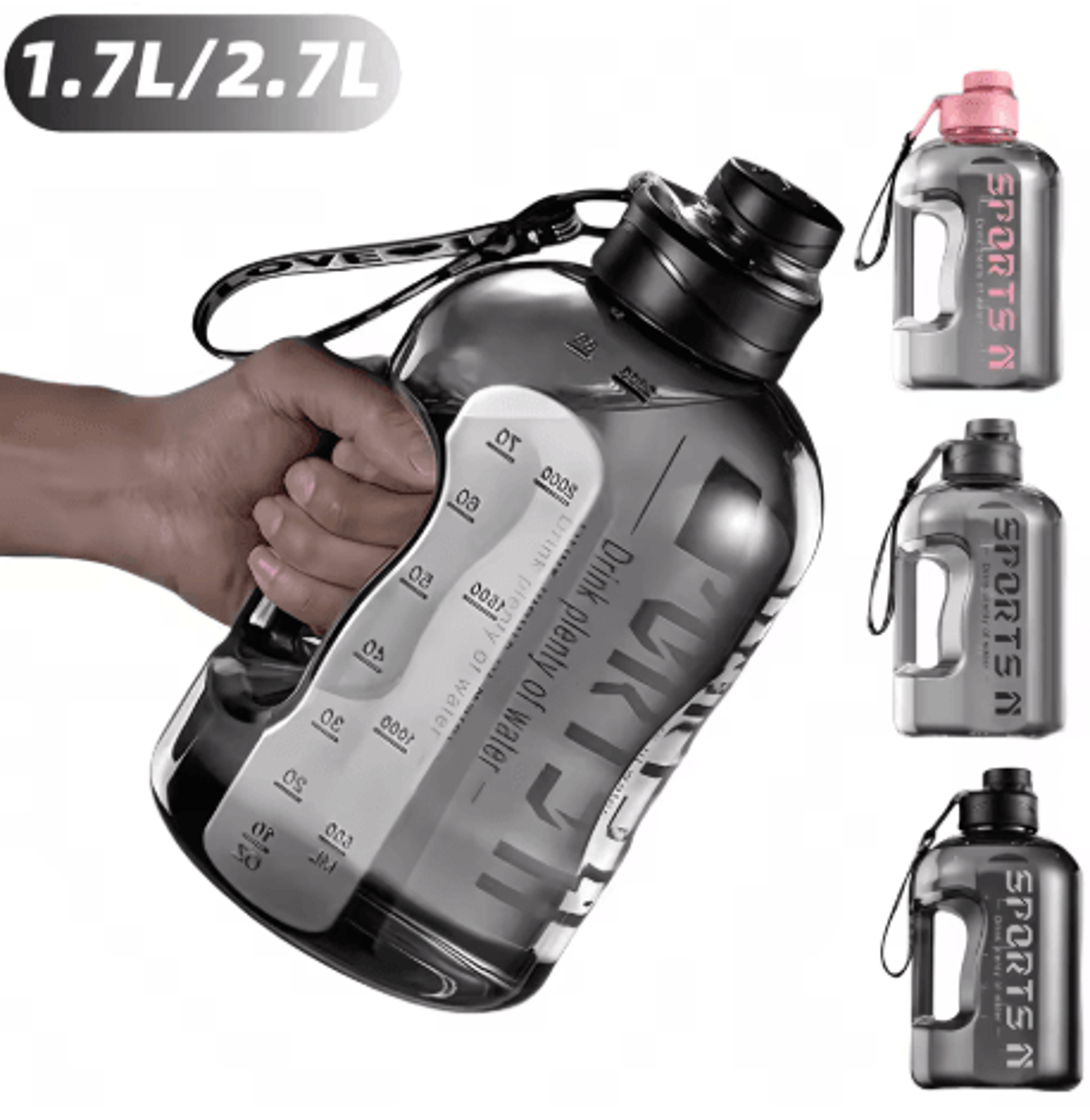 1.7l to 2.7l large capacity sports water bottle with time scale outdoor gym and hiking hydration kettle for men