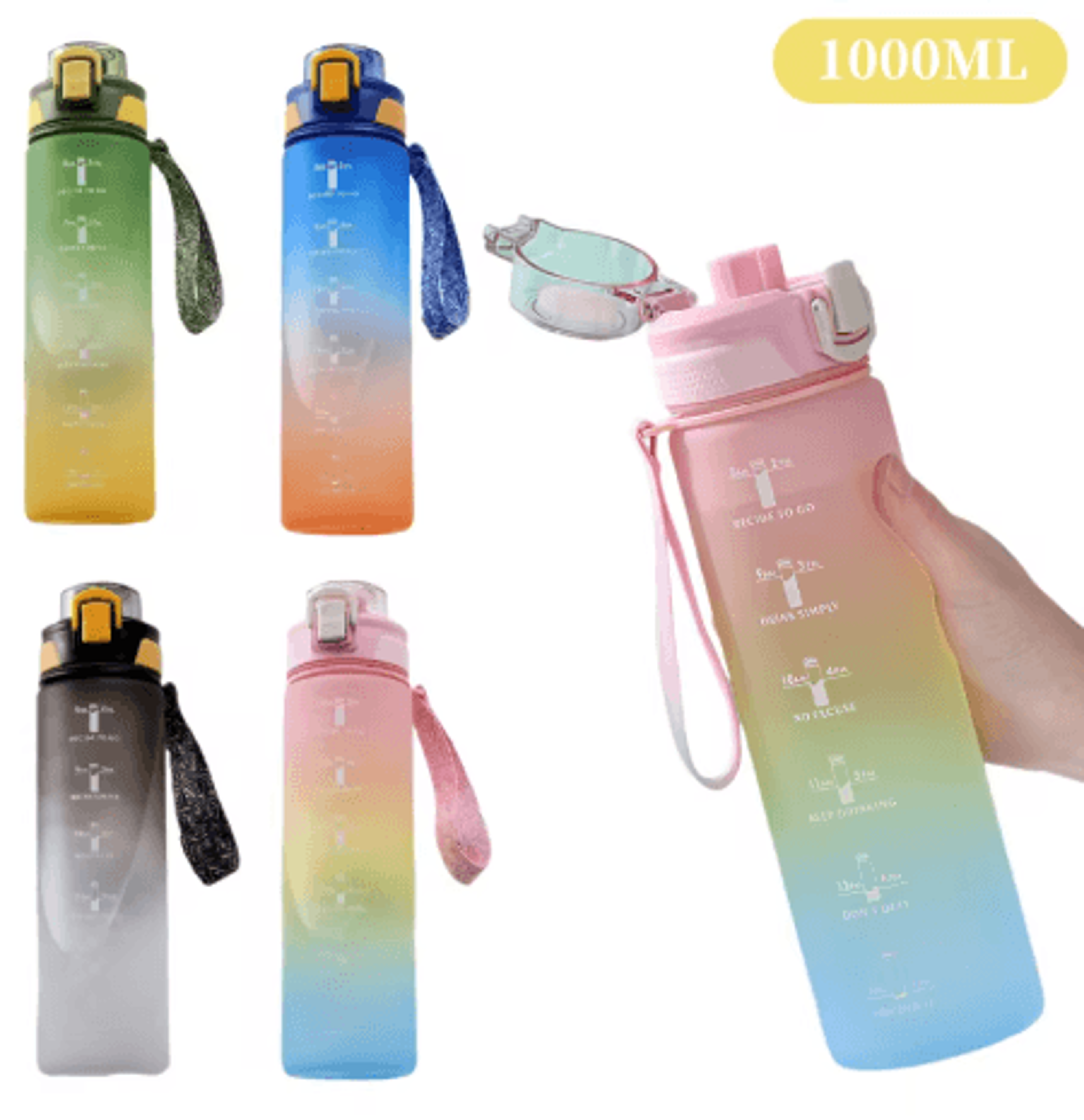 1000ml gradient sports water bottle leak proof hydration bottle with time marker and hand strap