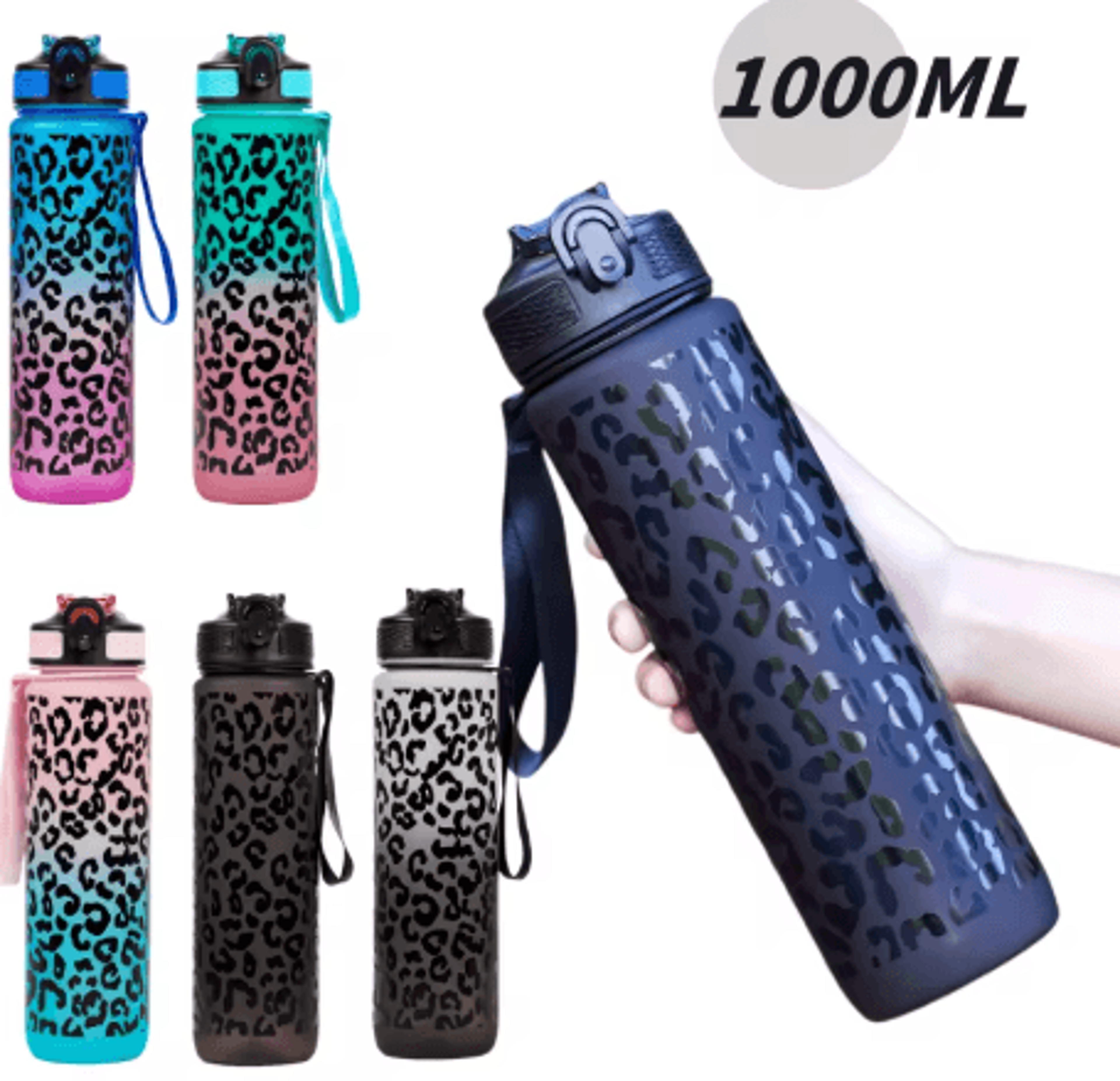 1 liter leopard print sports water bottle leak proof large capacity gym and travel bottle