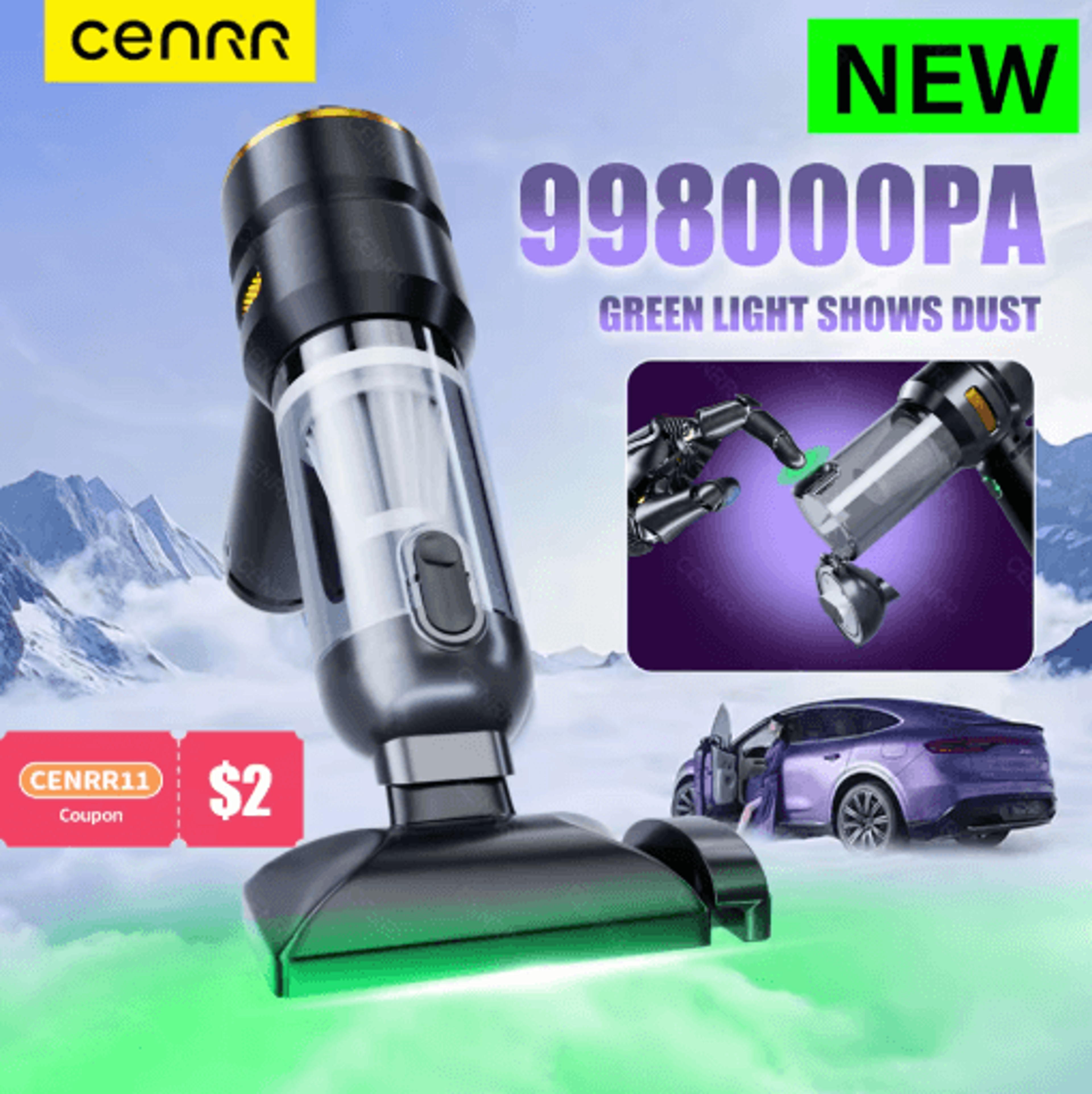 cenrr 998000pa cordless car vacuum cleaner powerful handheld vacuum with dust display lamp and air gun