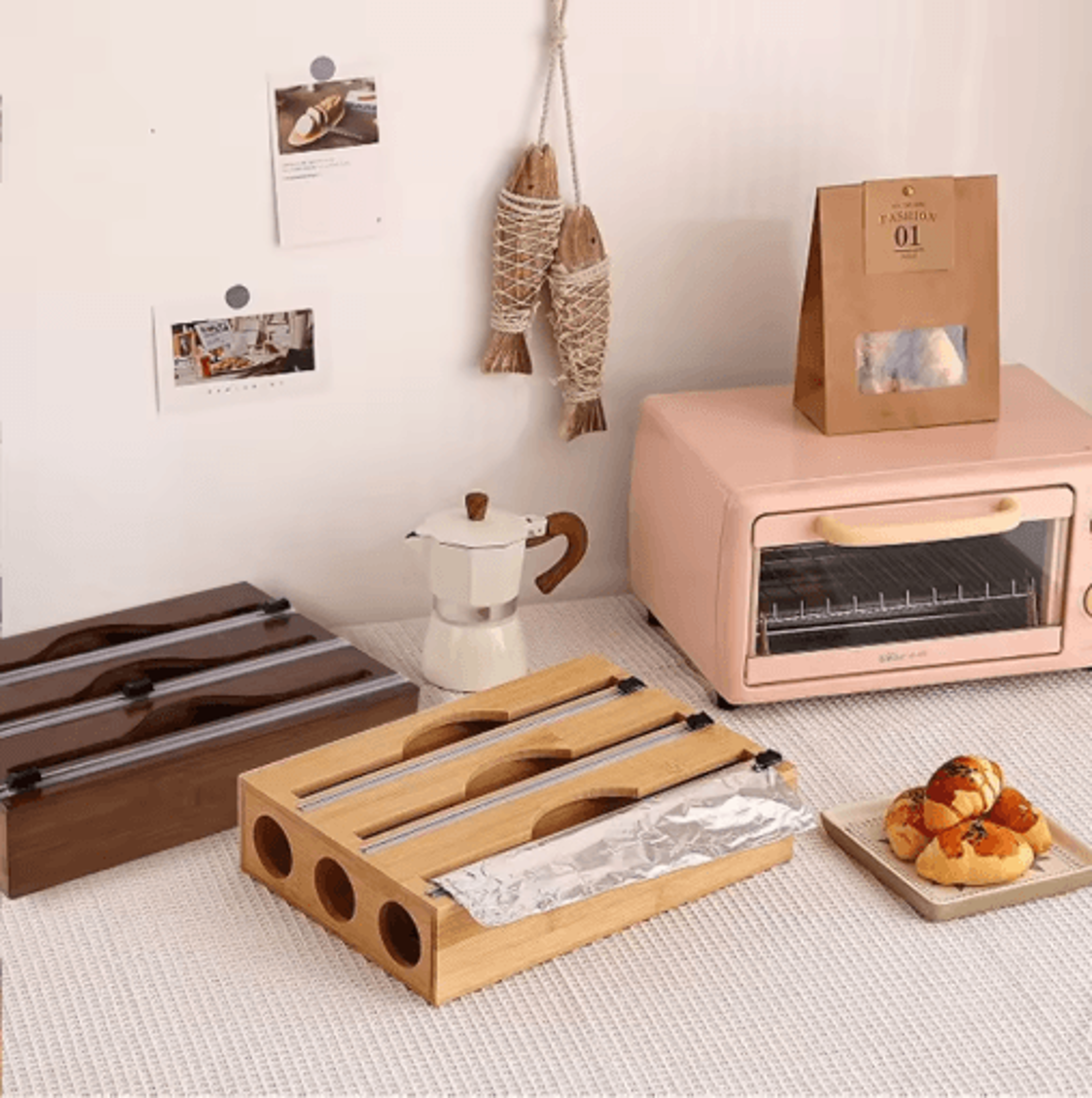 bamboo cling film tin foil cutter box kitchen organizer with built in cutter 1 pc