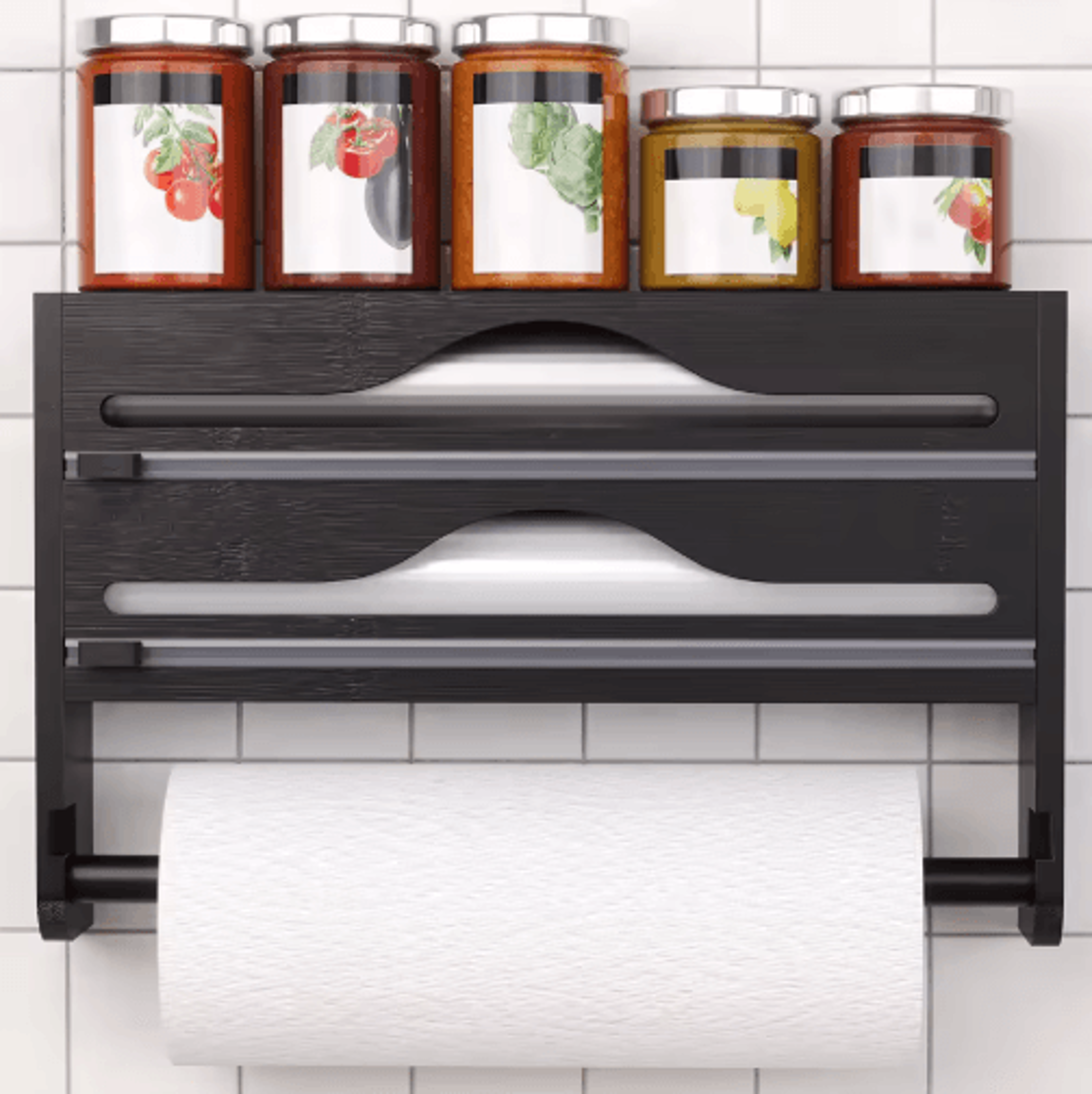 bamboo kitchen organizer wall mounted cling film and foil dispenser with cutter