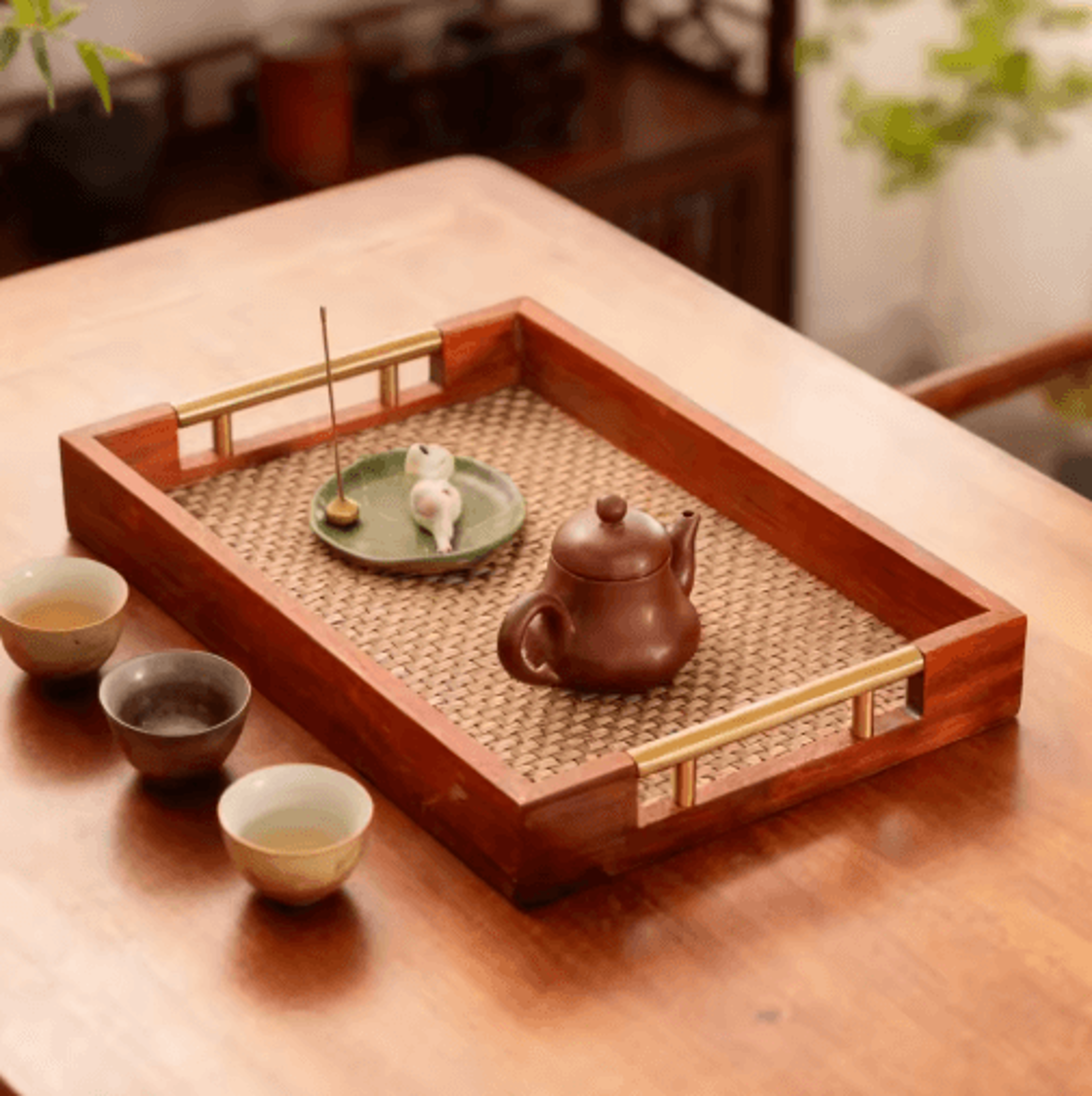 solid wood rectangular serving tray with metal handles coffee table and kitchen decor 17.7 by 11.8 in brown