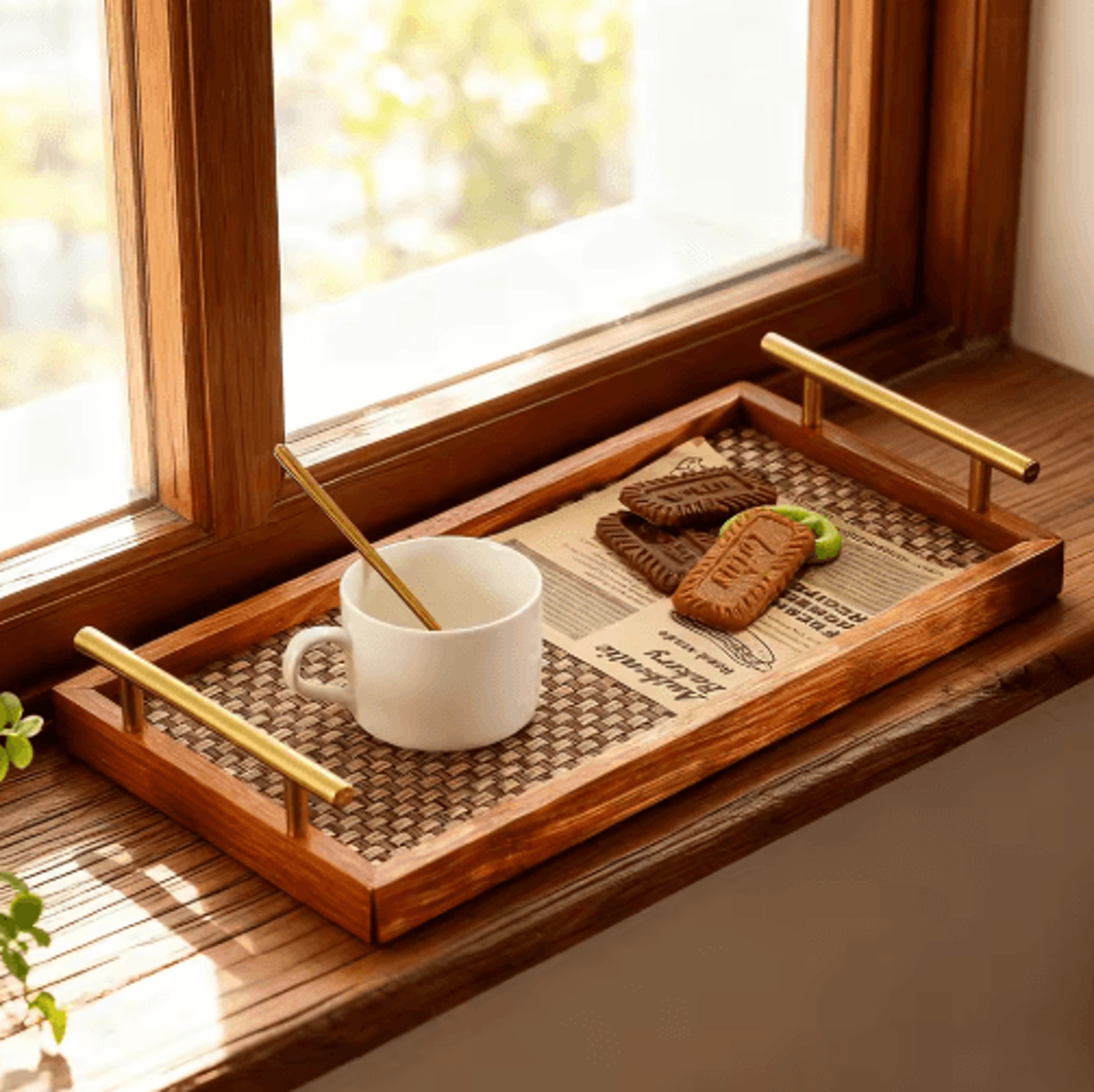 solid wood bohemian serving tray rustic decor with gold handles and woven bottom 17.3