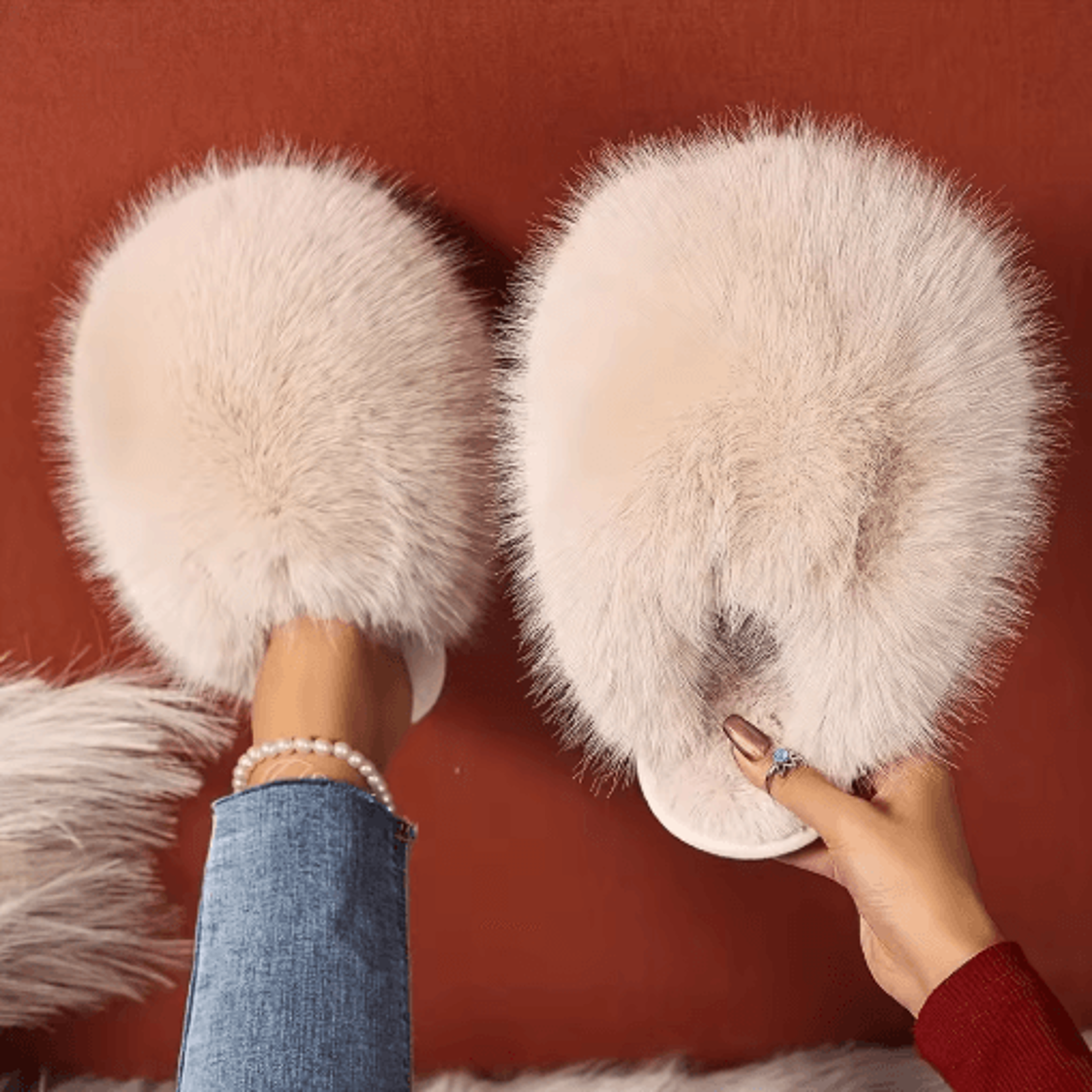 womens elegant faux fur slippers korean style warm indoor outdoor house shoes