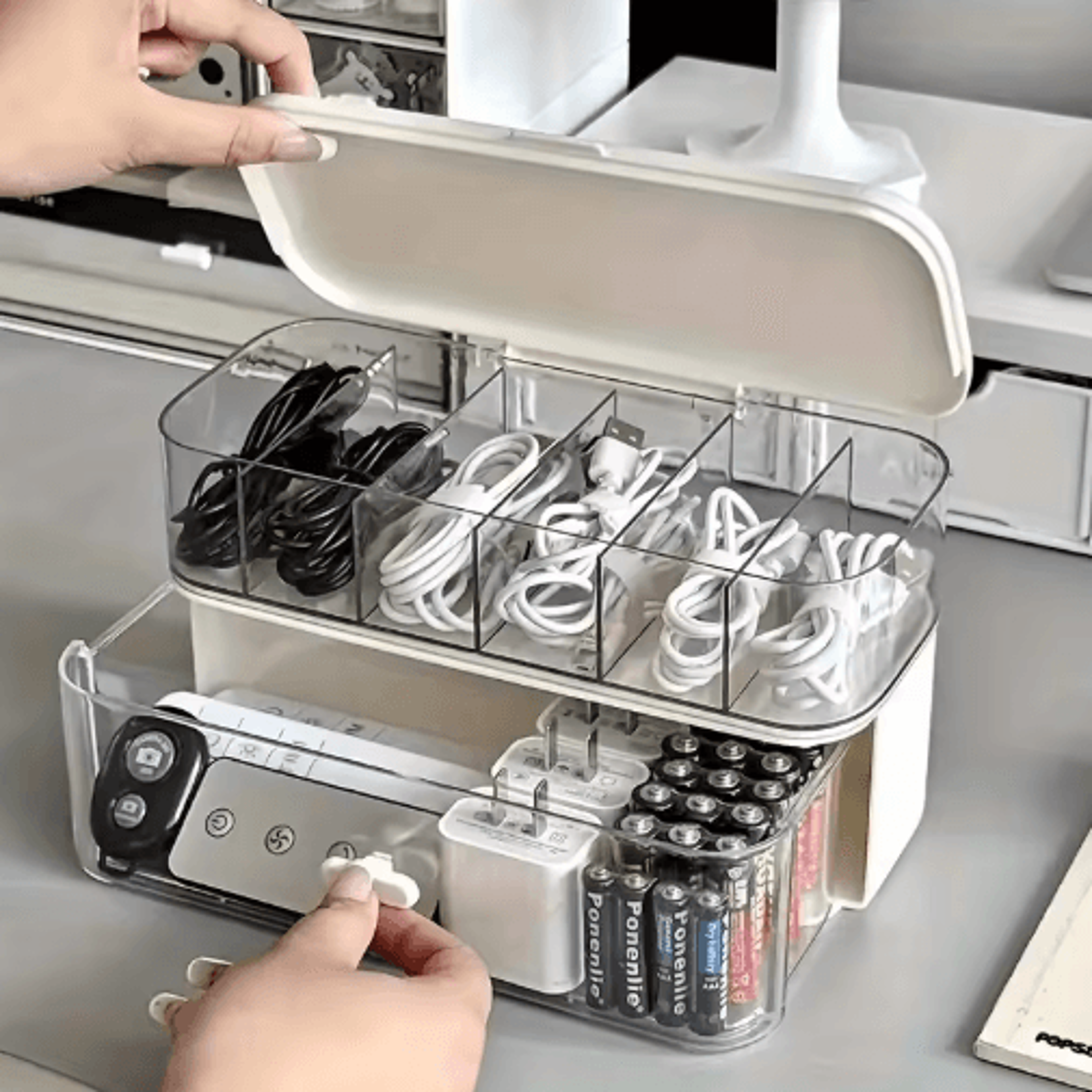 double layer transparent cable organizer box compact desktop cord and charger storage