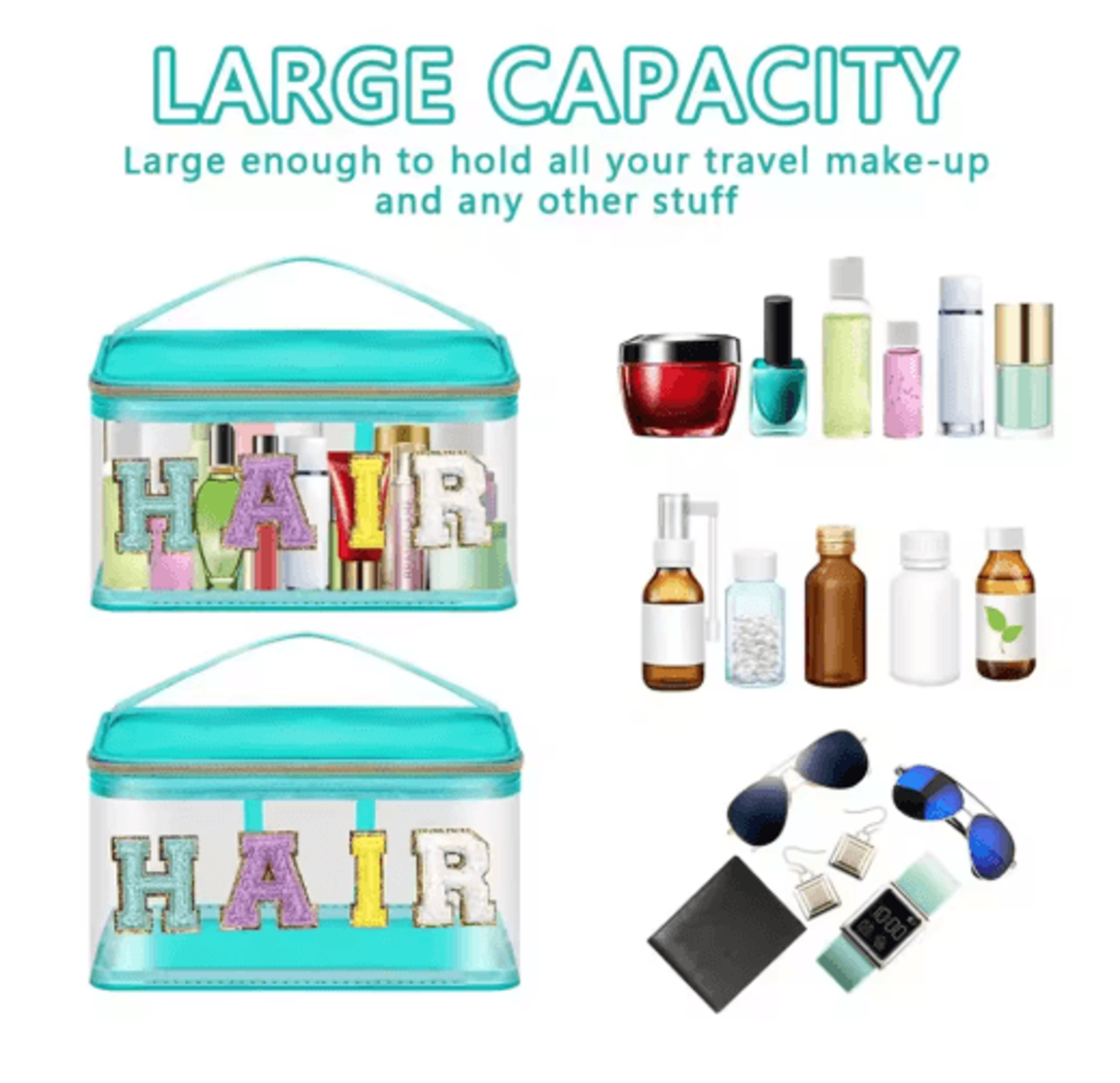 green transparent makeup bag large capacity cosmetic and toiletry organizer with hair letter design