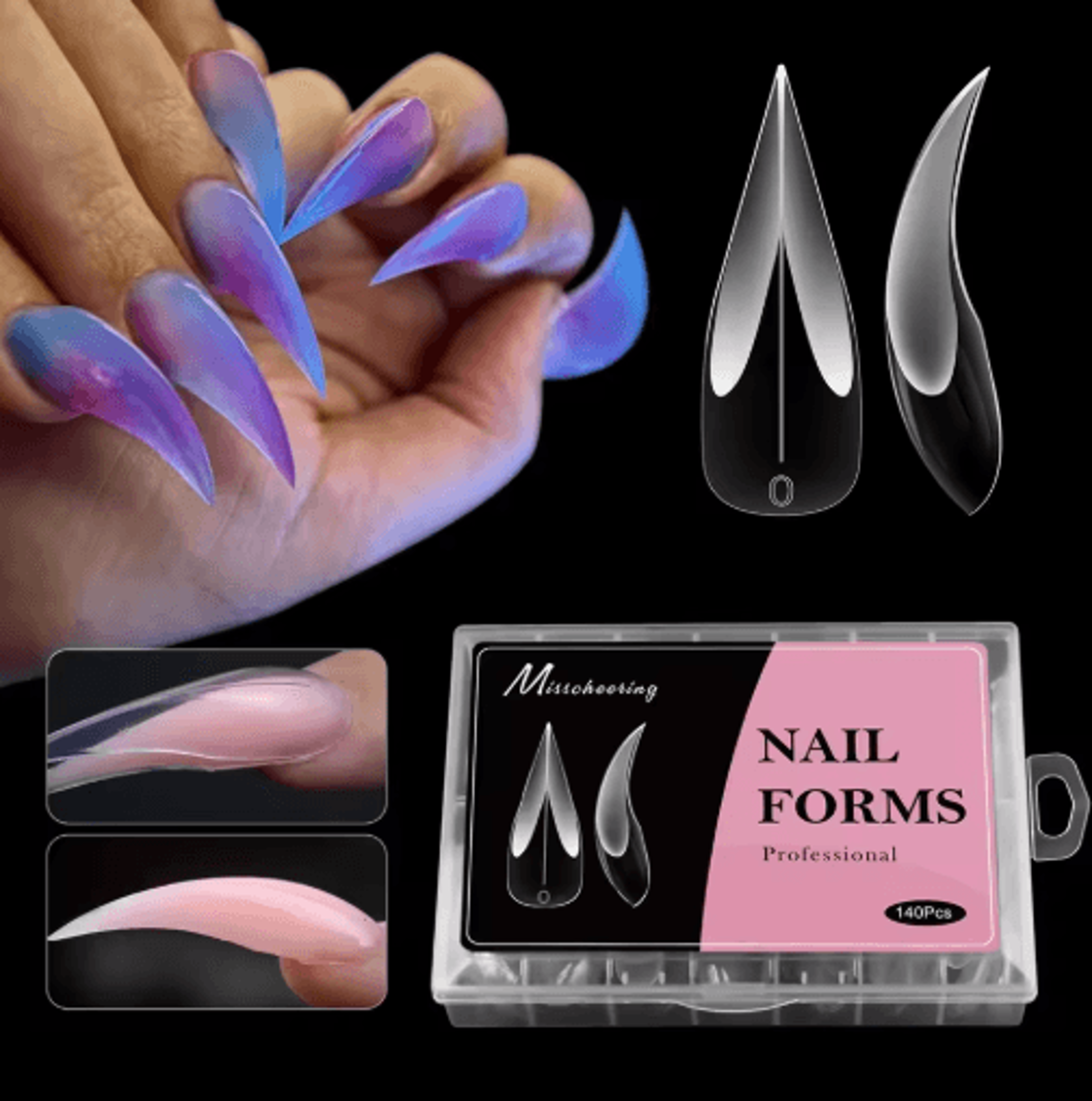140pcs reusable nail extension tips clear dragon claw long stiletto press on nails