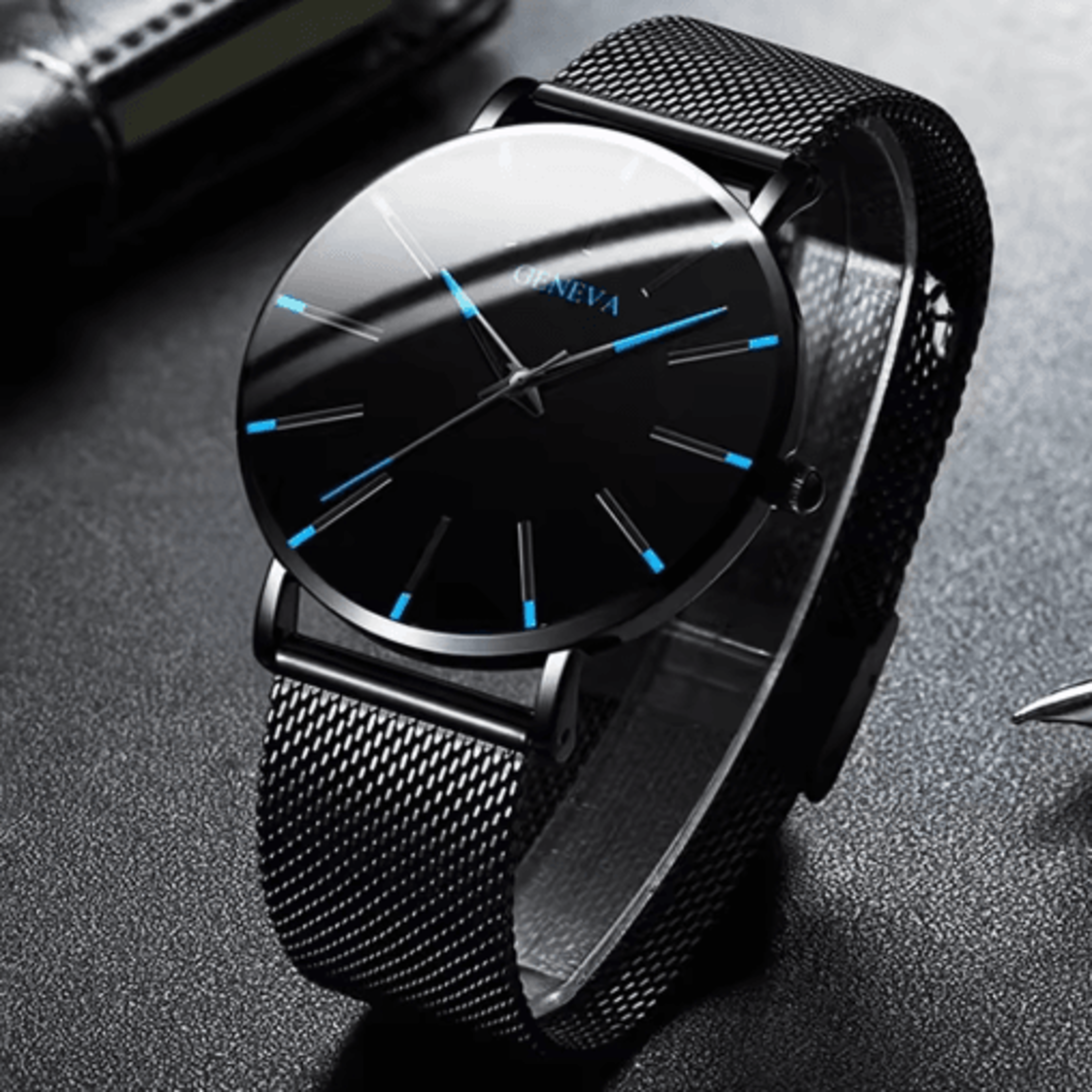 minimalist geneva watch for men large round dial quartz wristwatch with mesh strap