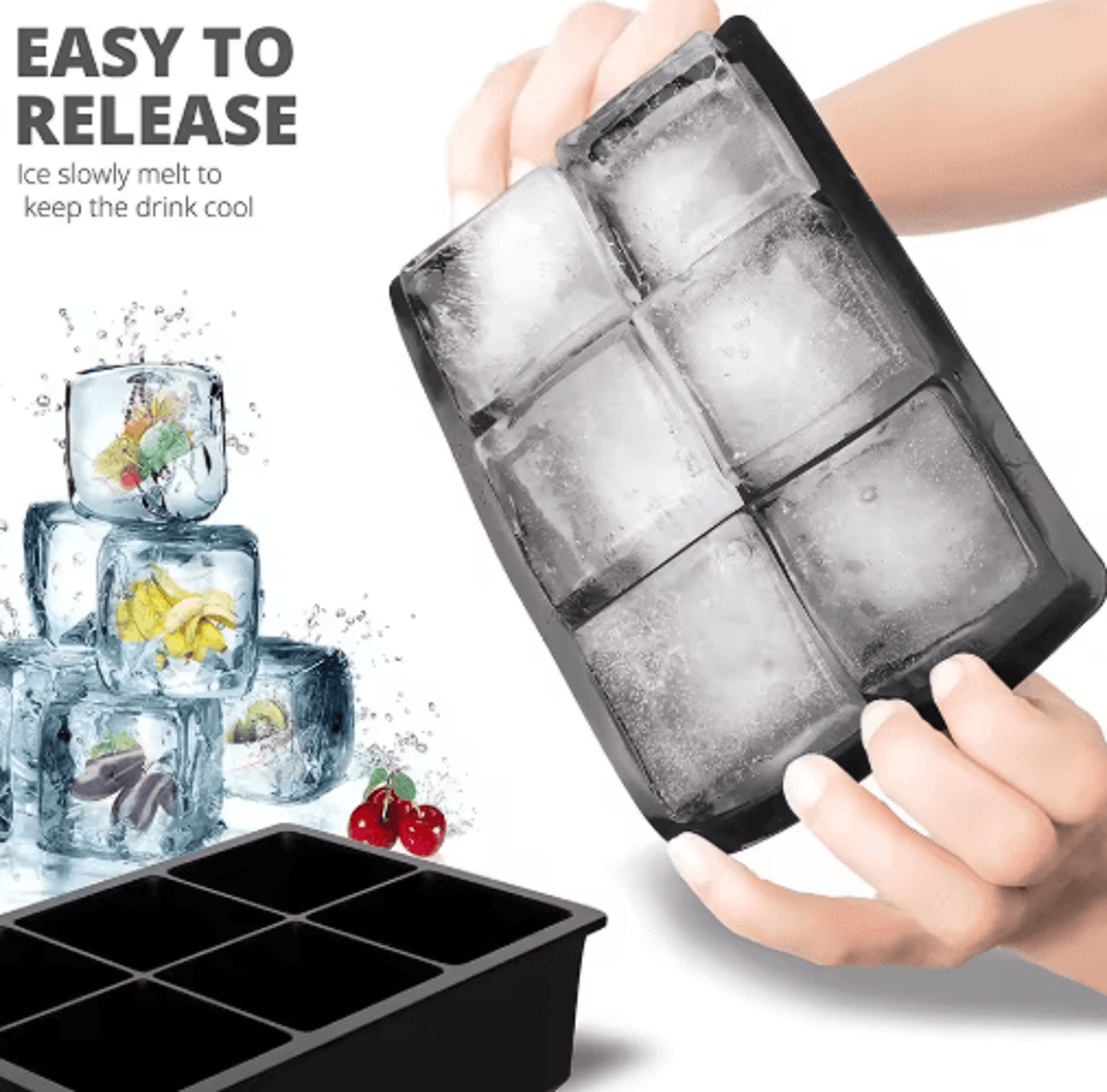 6 grid large silicone ice cube tray food grade square ice mold for whiskey and bar drinks