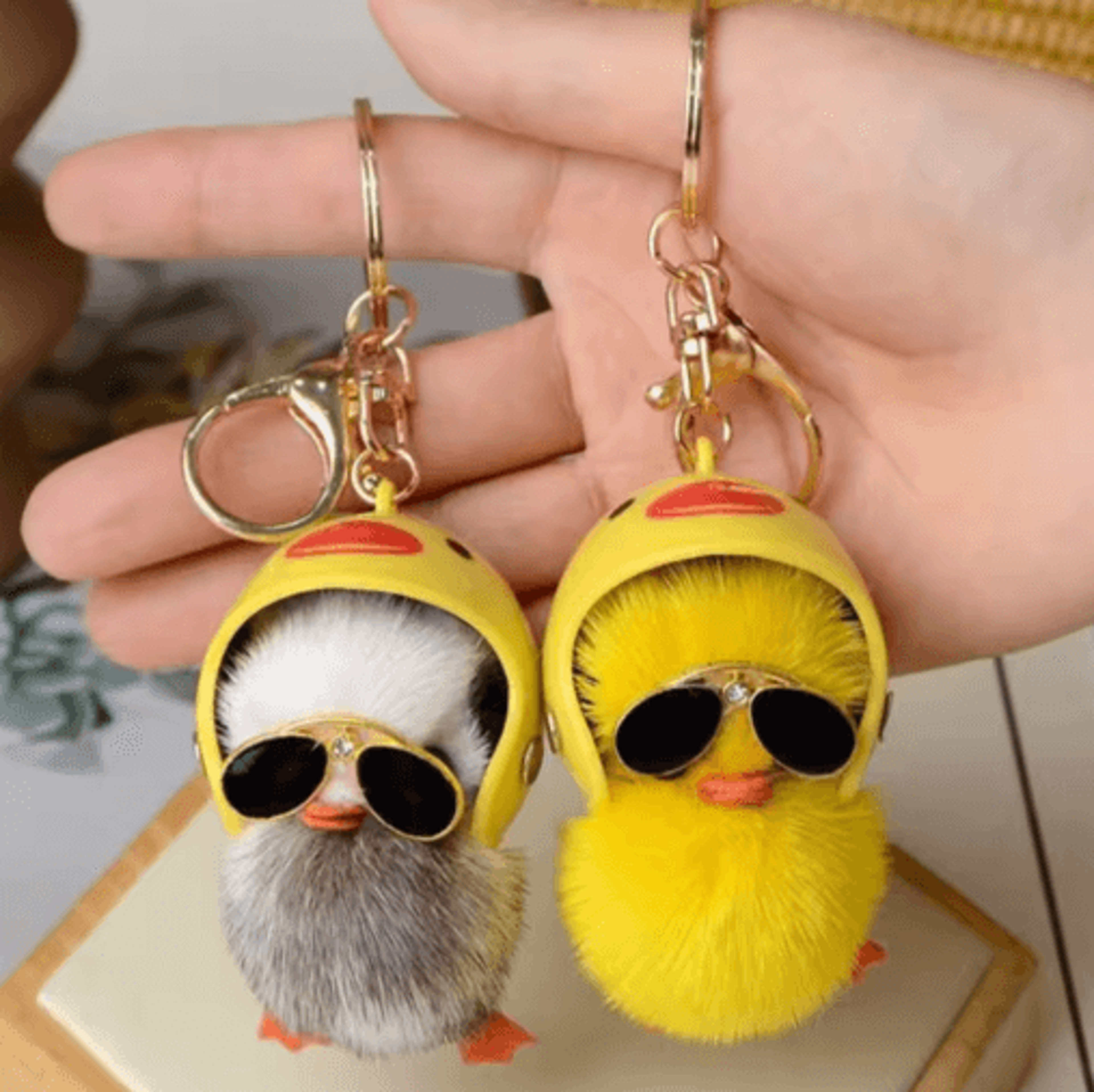 cute fluffy duck keychain plush little duck with helmet and sunglasses bag pendant