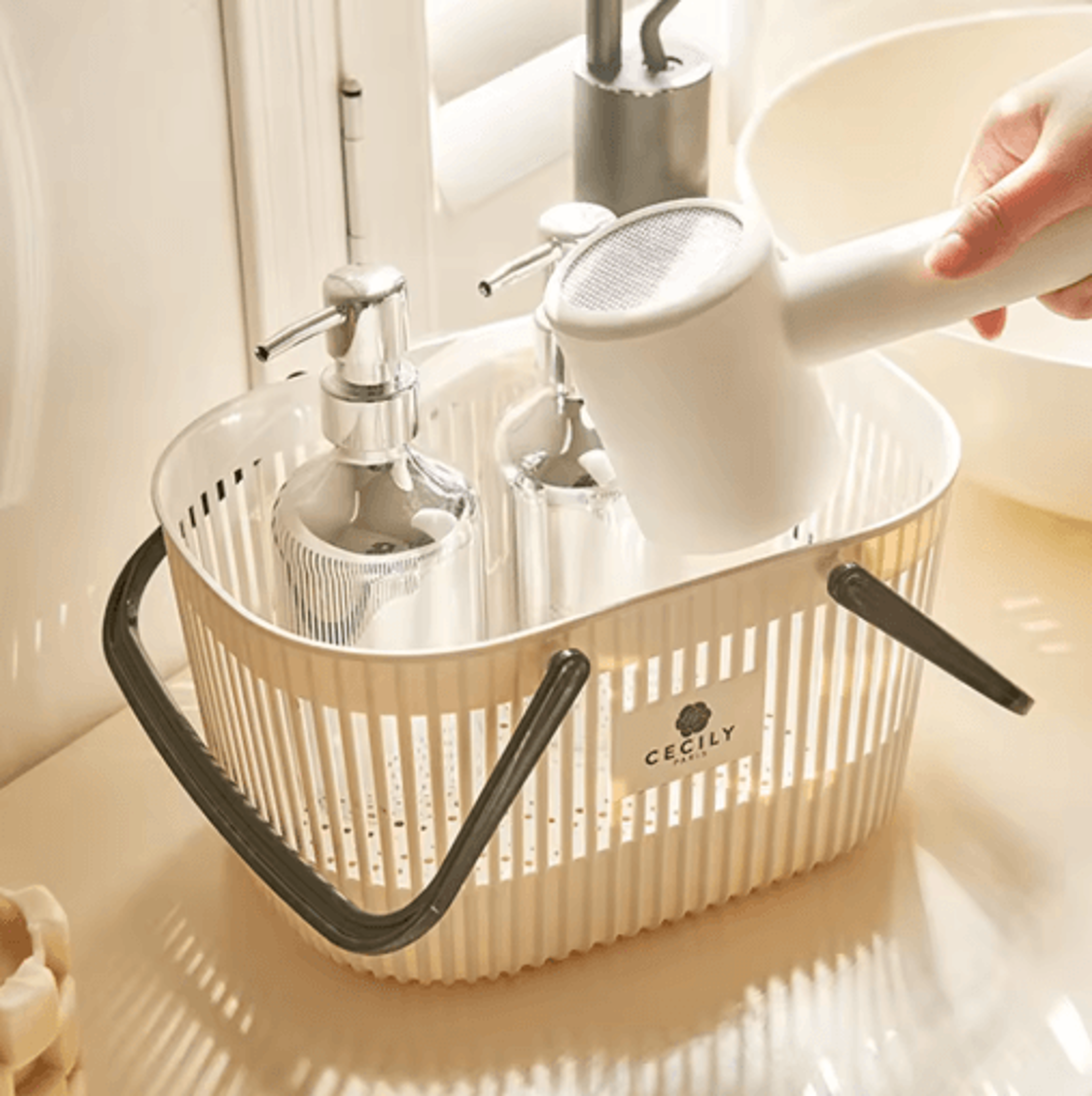 plastic organizer basket with handles stackable drainage storage bin for bathroom essentials