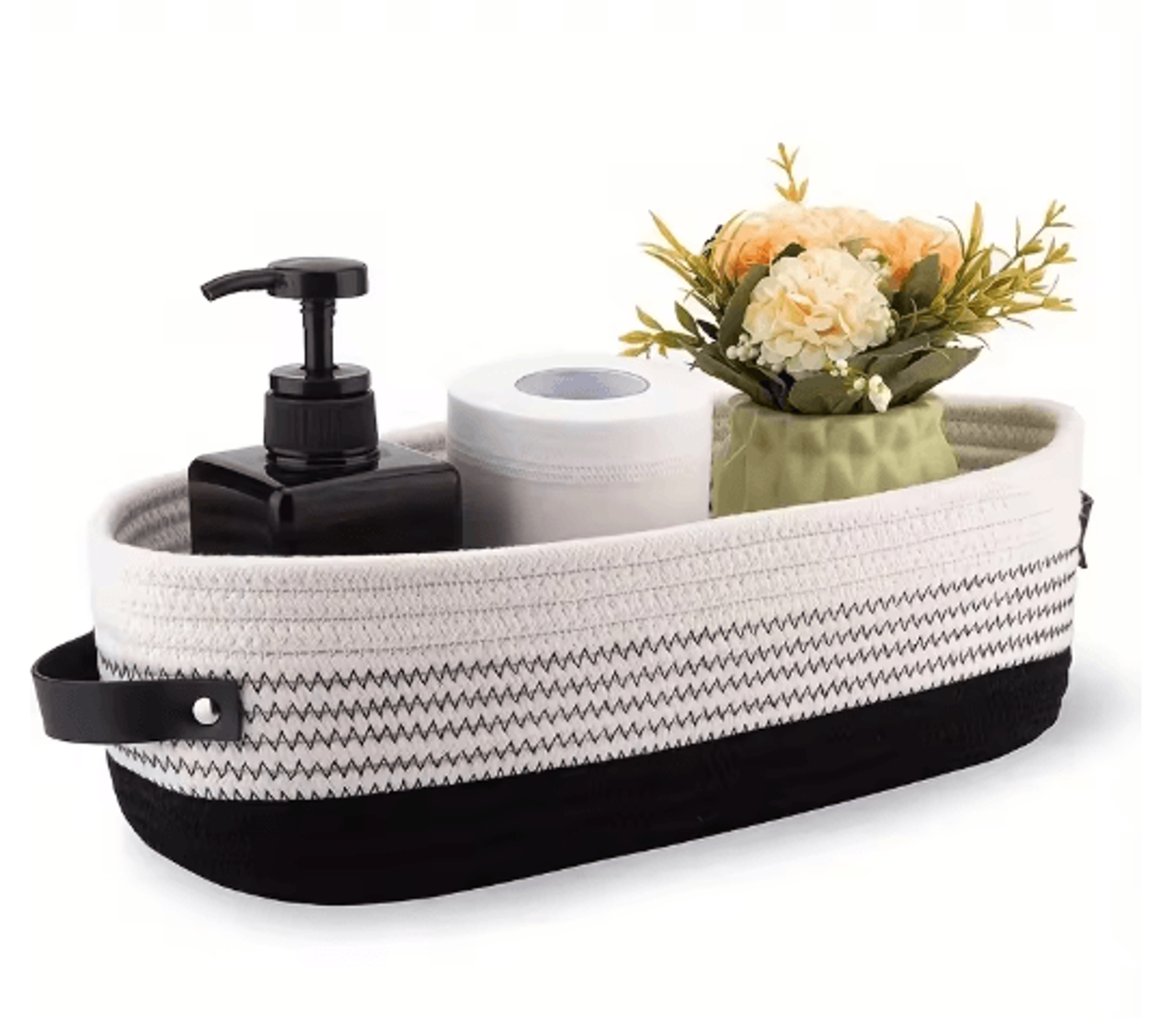 elegant oval cotton rope storage basket with leather handle bathroom and home organizer