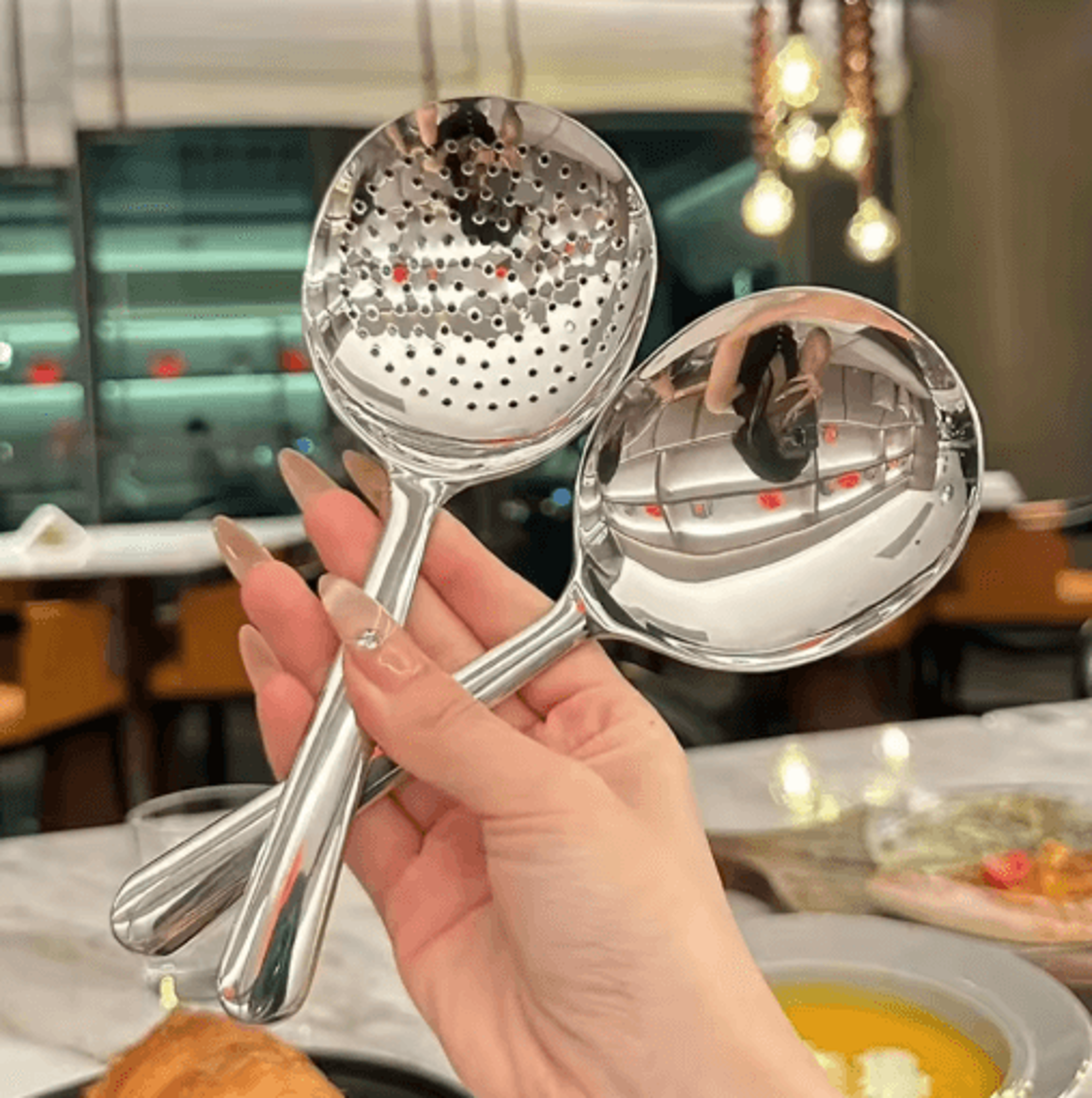 heavy duty stainless steel kitchen ladle heat resistant serving spoon with drain hole