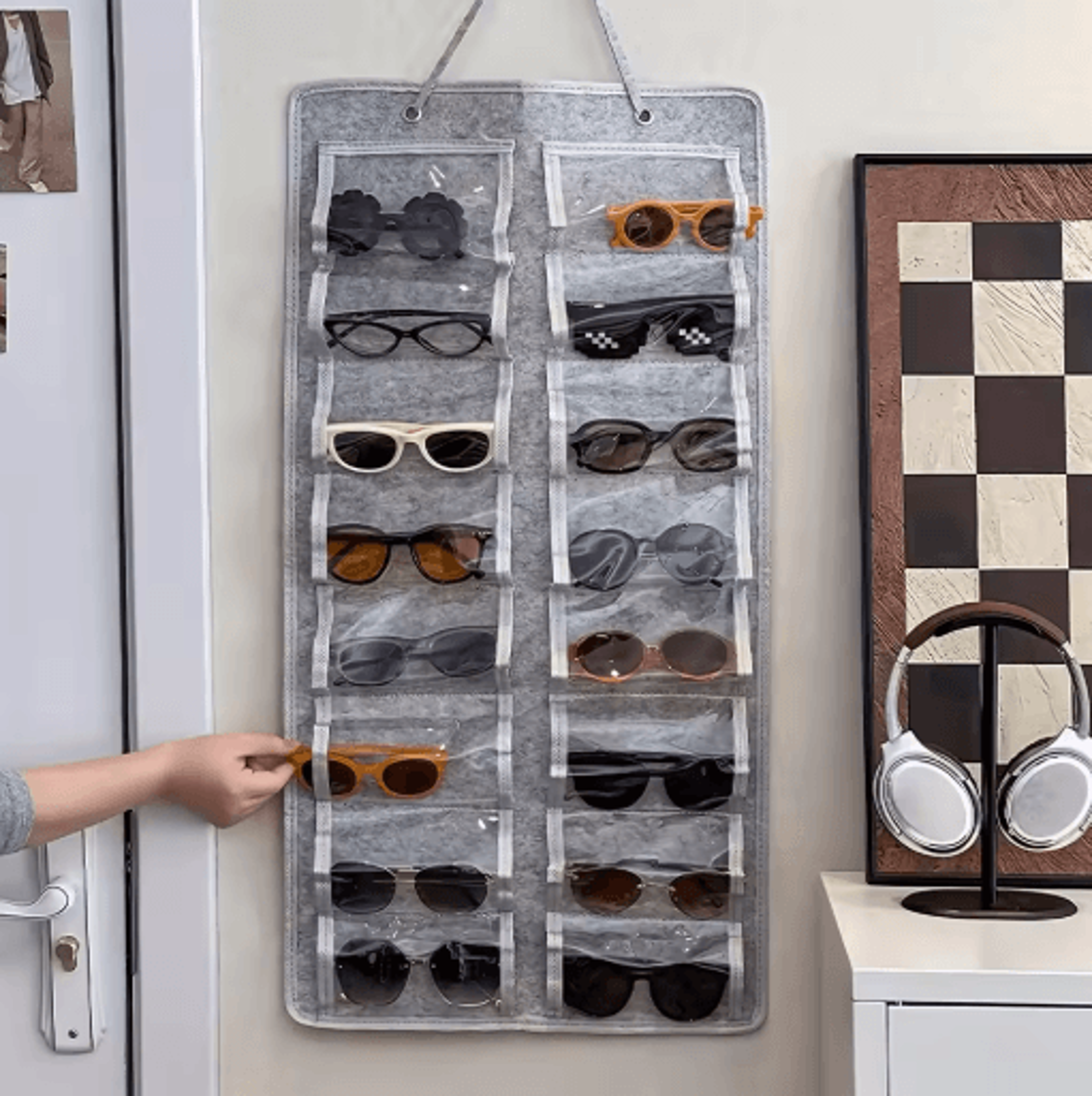wall mounted glasses organizer 16 slot felt hanging storage for home and office