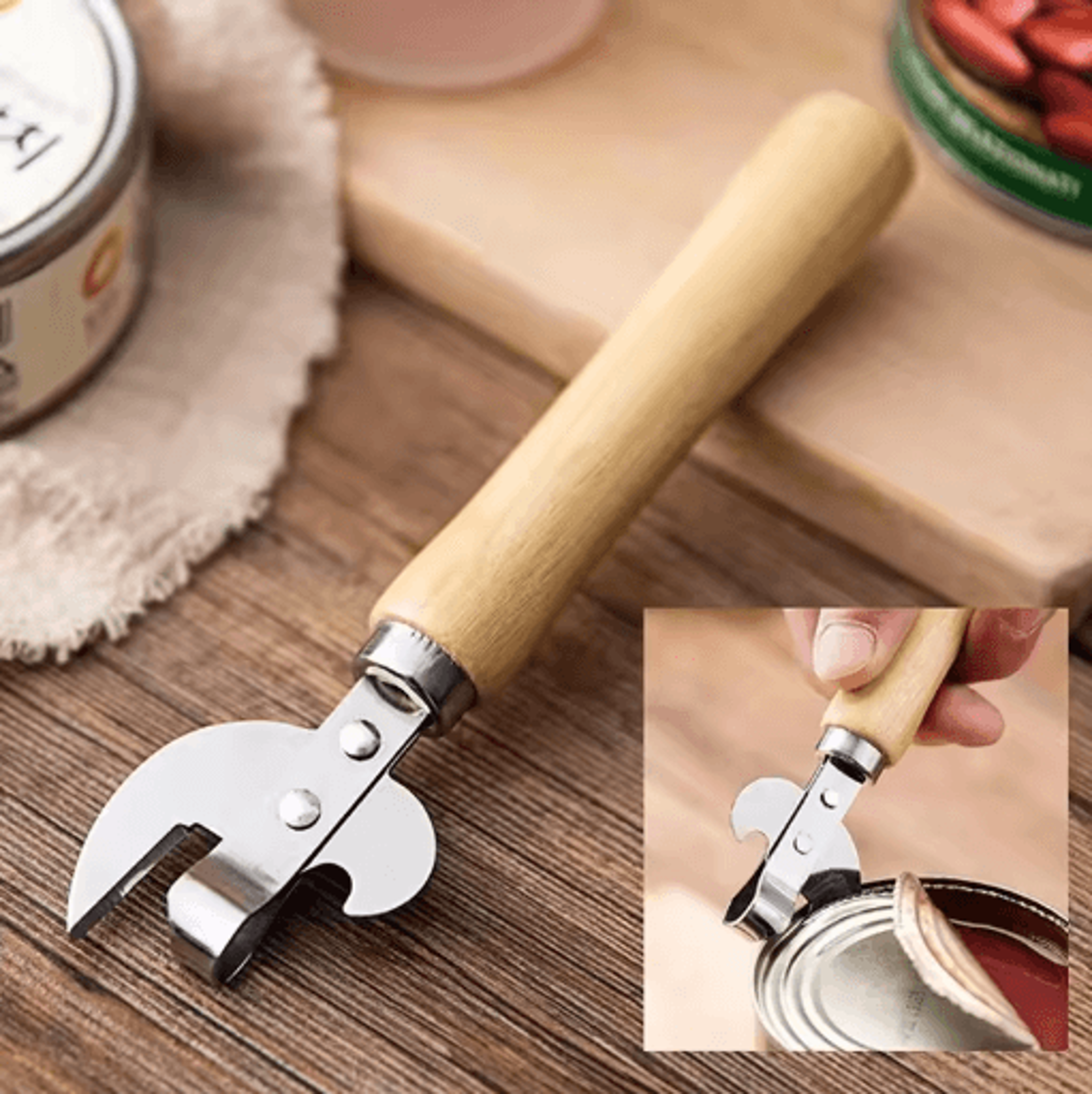 easy grip premium can opener wooden handle manual jar and bottle opener