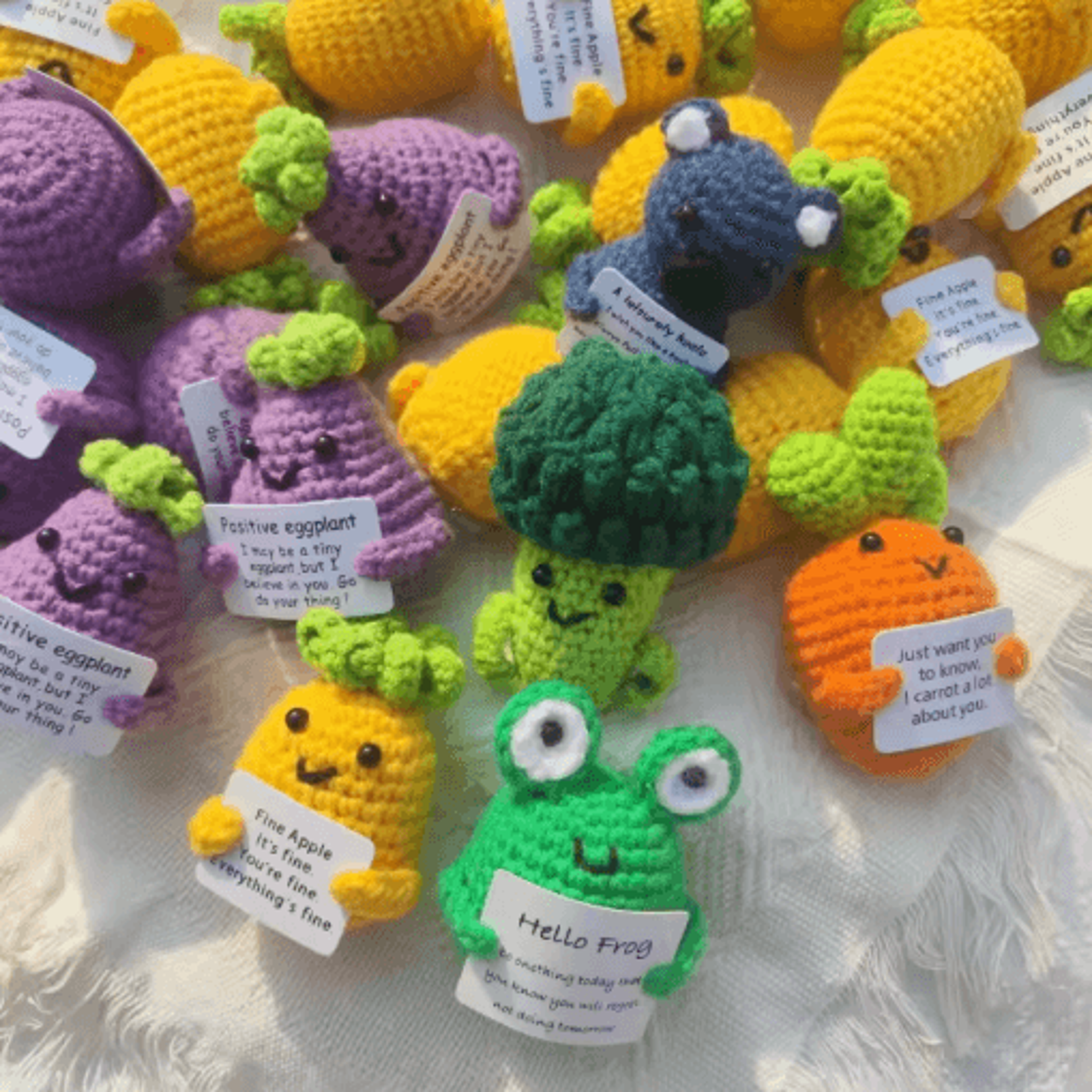 handmade crocheted vegetable dolls positive energy wool plush set potato broccoli carrot pineapple and more