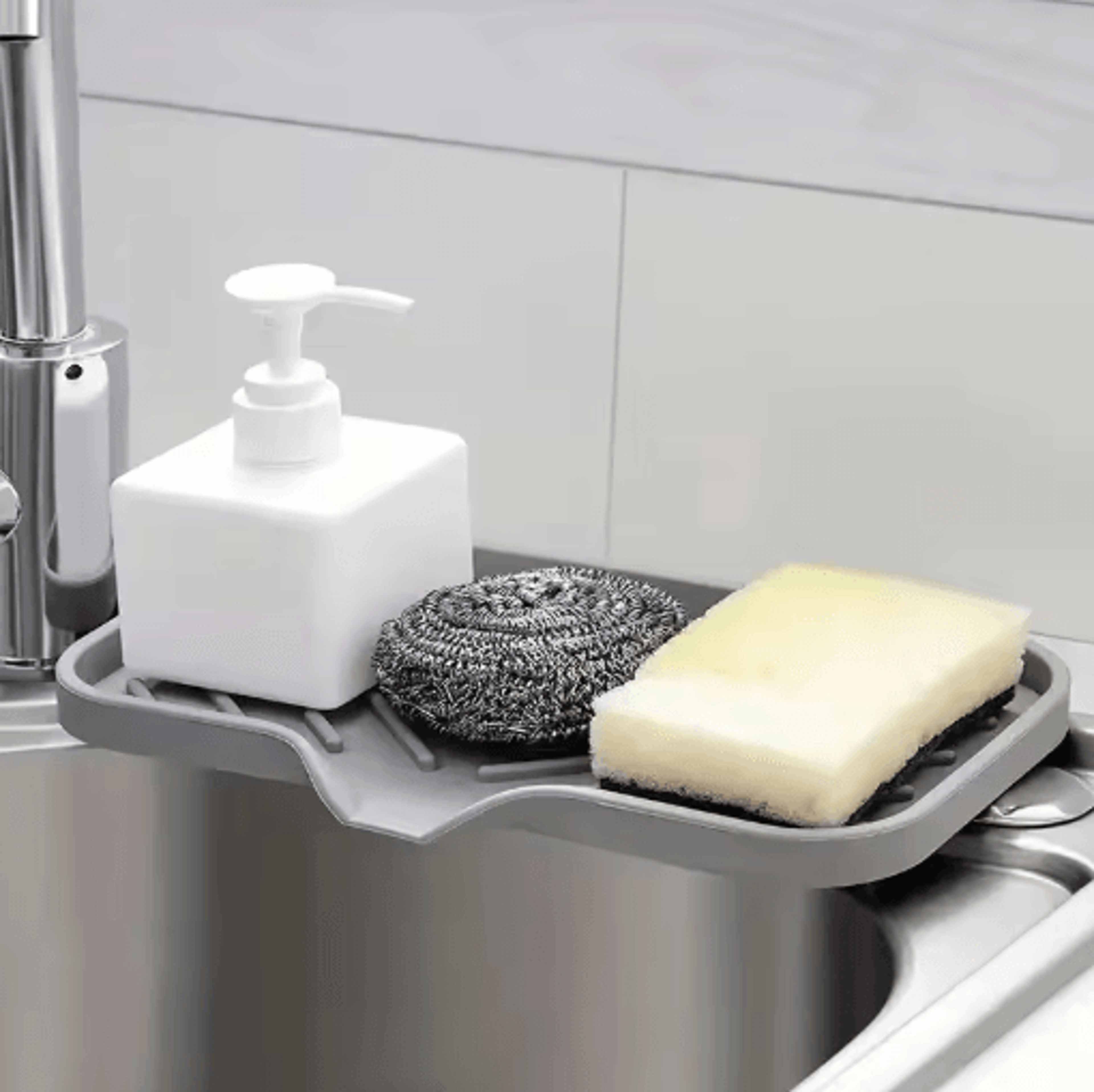 silicone sink tray with drain for soap sponge and brush storage