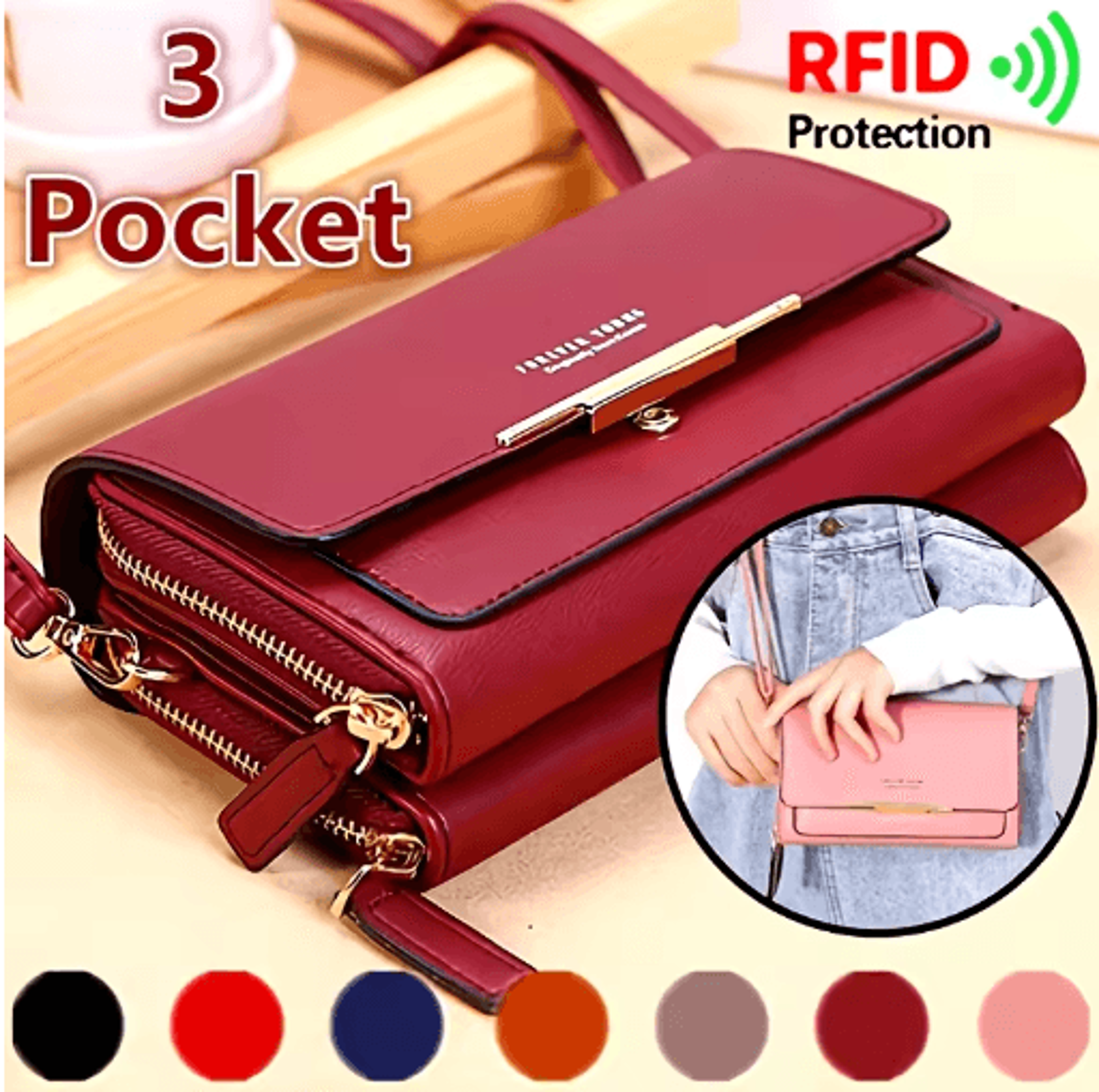 fashionable rfid crossbody bag – mobile phone bag, card wallet & coin purse in one