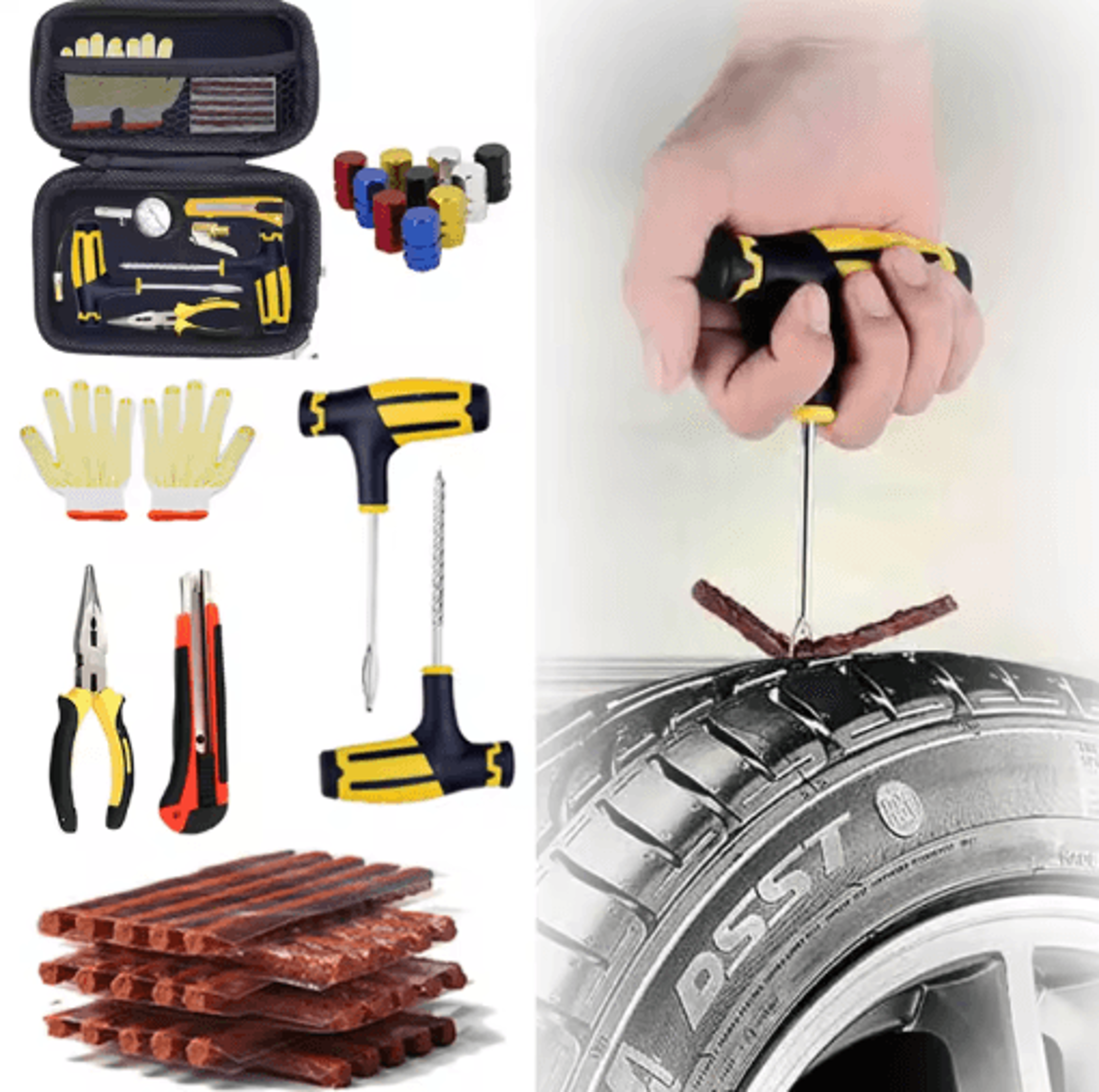 car tire repair kit with studding tool & rubber strips – glue-free puncture plug set