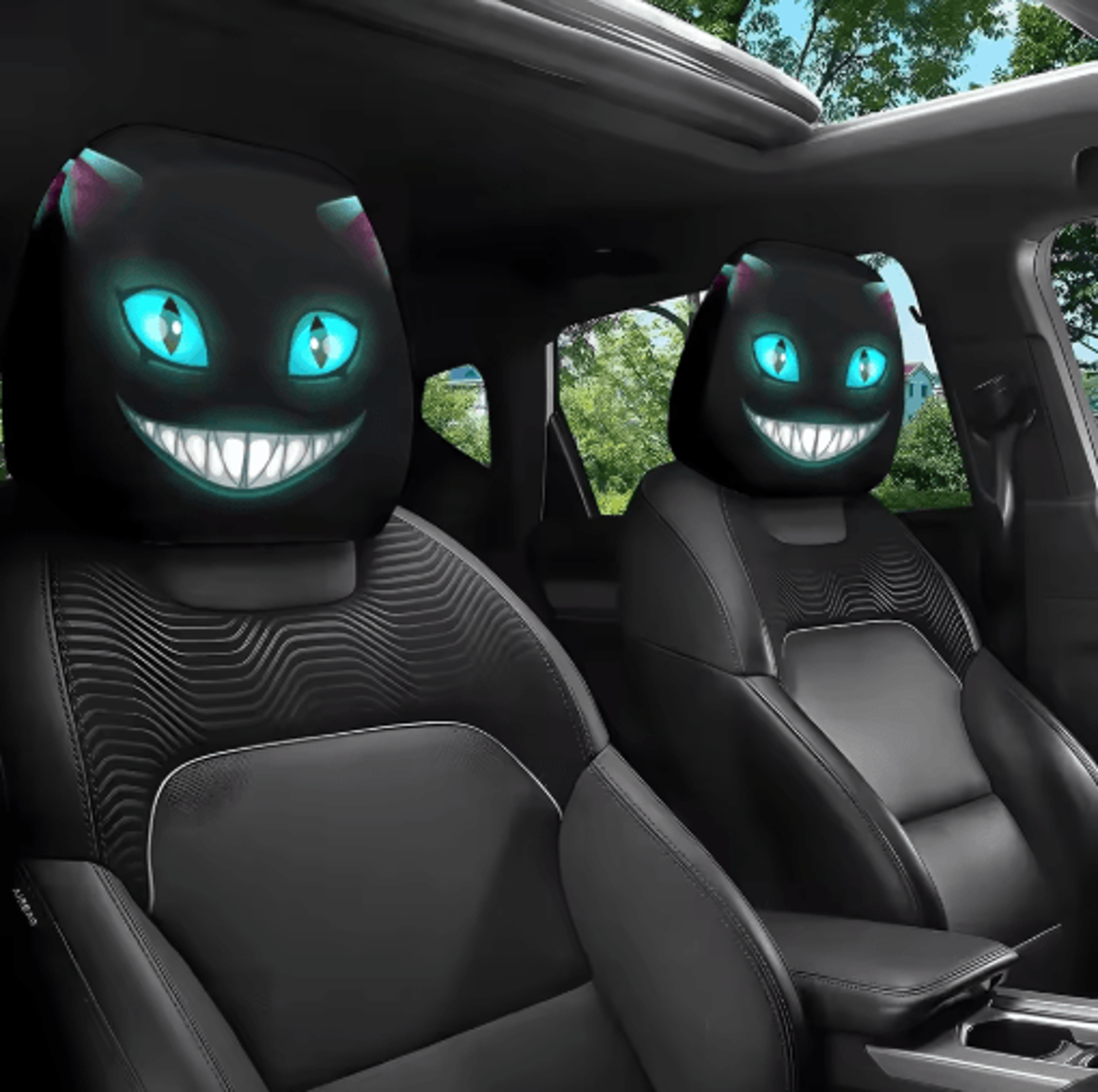 smiling cat car seat headrest pillow covers – 2pcs black with glowing blue eyes