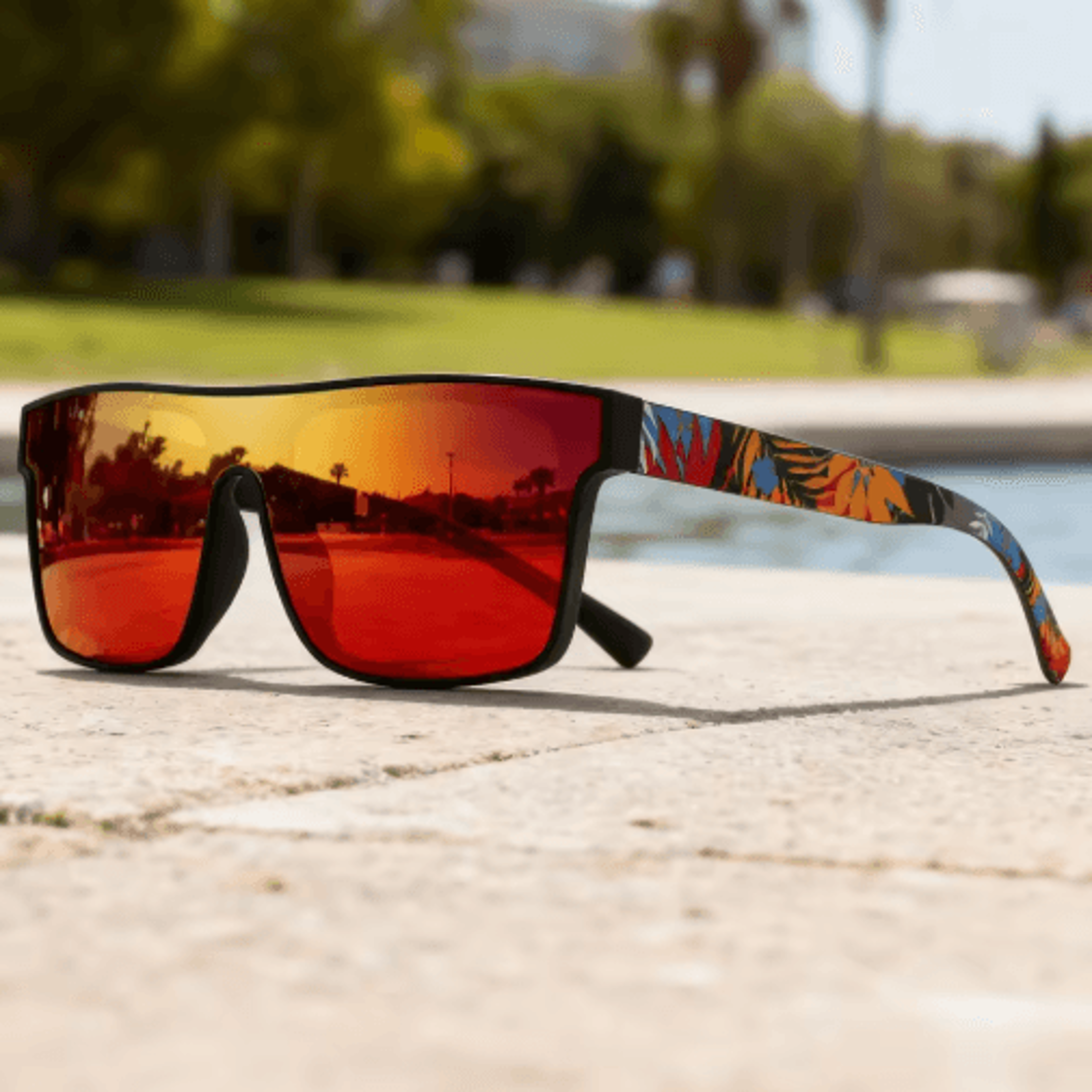 colorful square sports sunglasses – one-piece uv400 lens with patterned temples