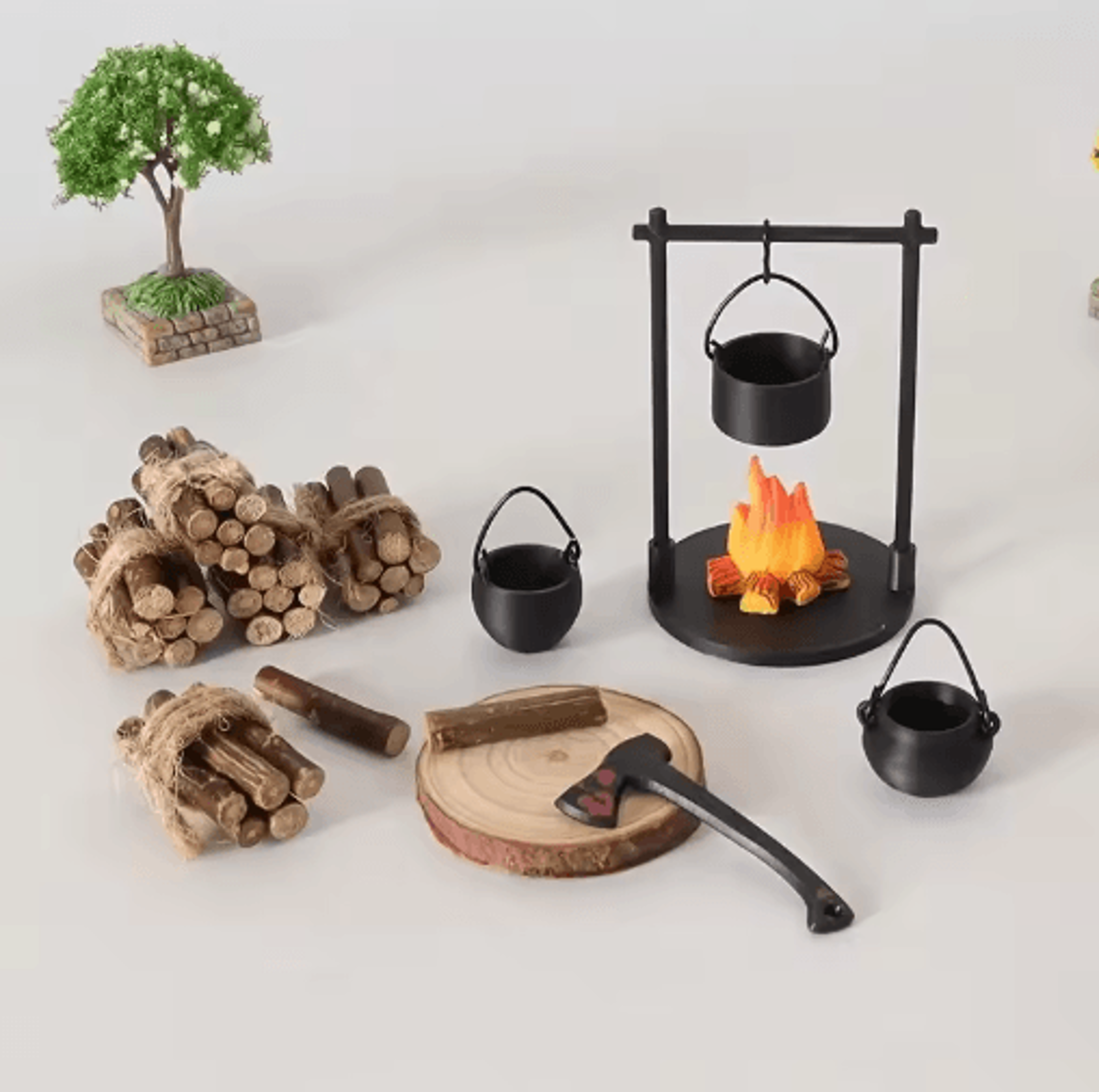 mini campfire & teapot figurine – cozy miniature decor for home & creative displays