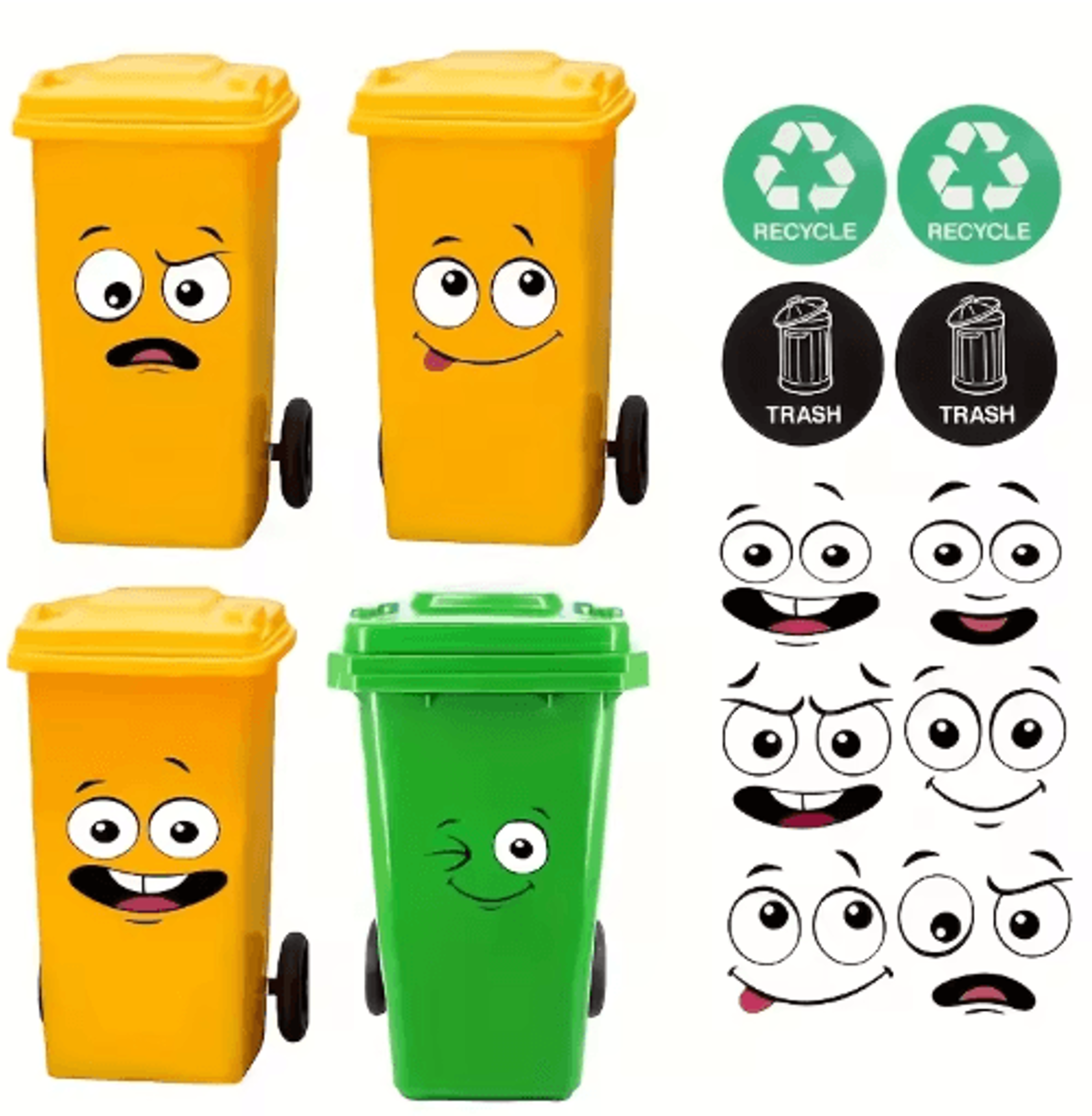 4-piece cartoon face trash can stickers – fun waterproof pvc decals for home decor