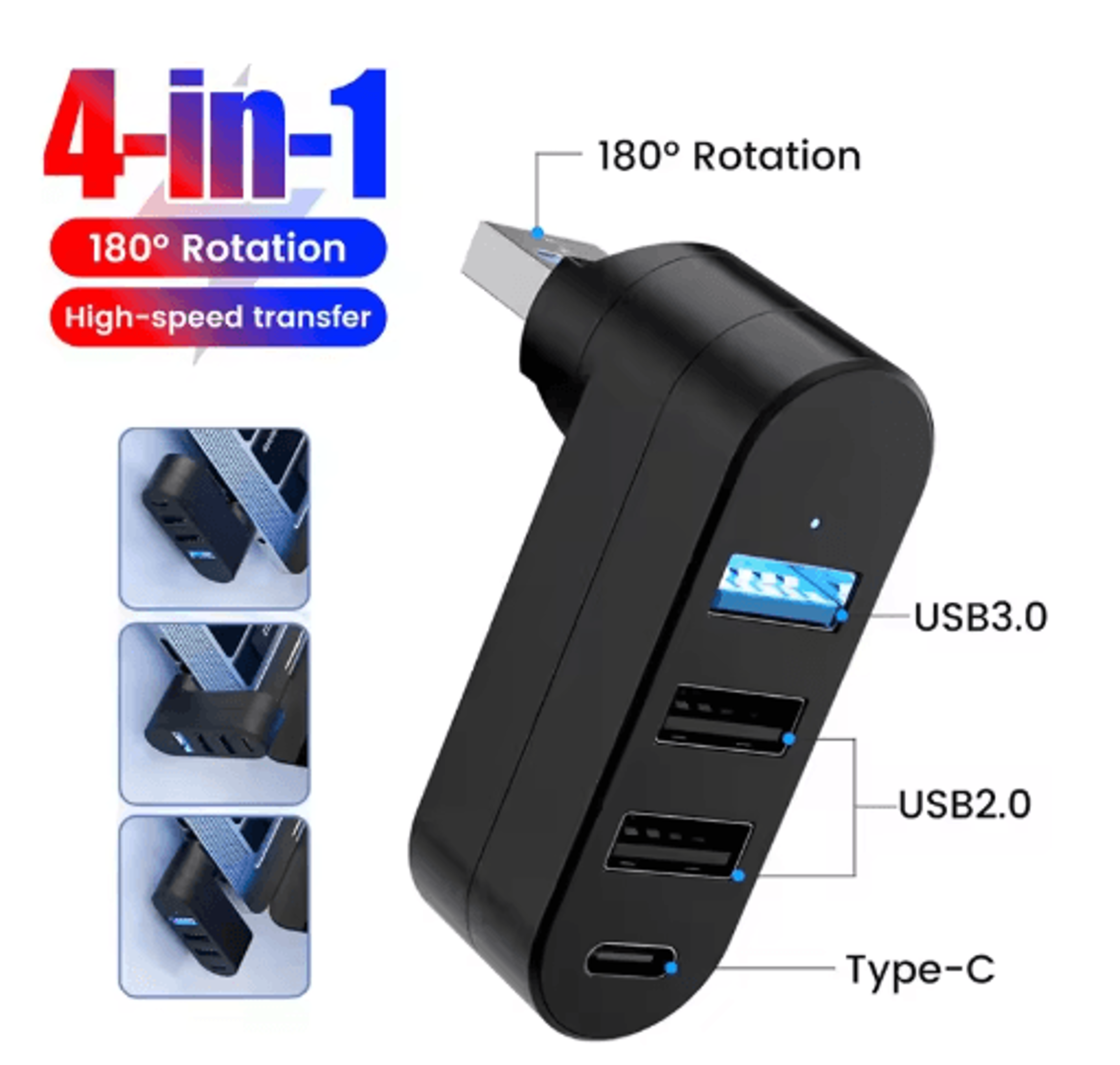 180° rotatable 4-port usb 2.0 hub – high-speed multi usb expander