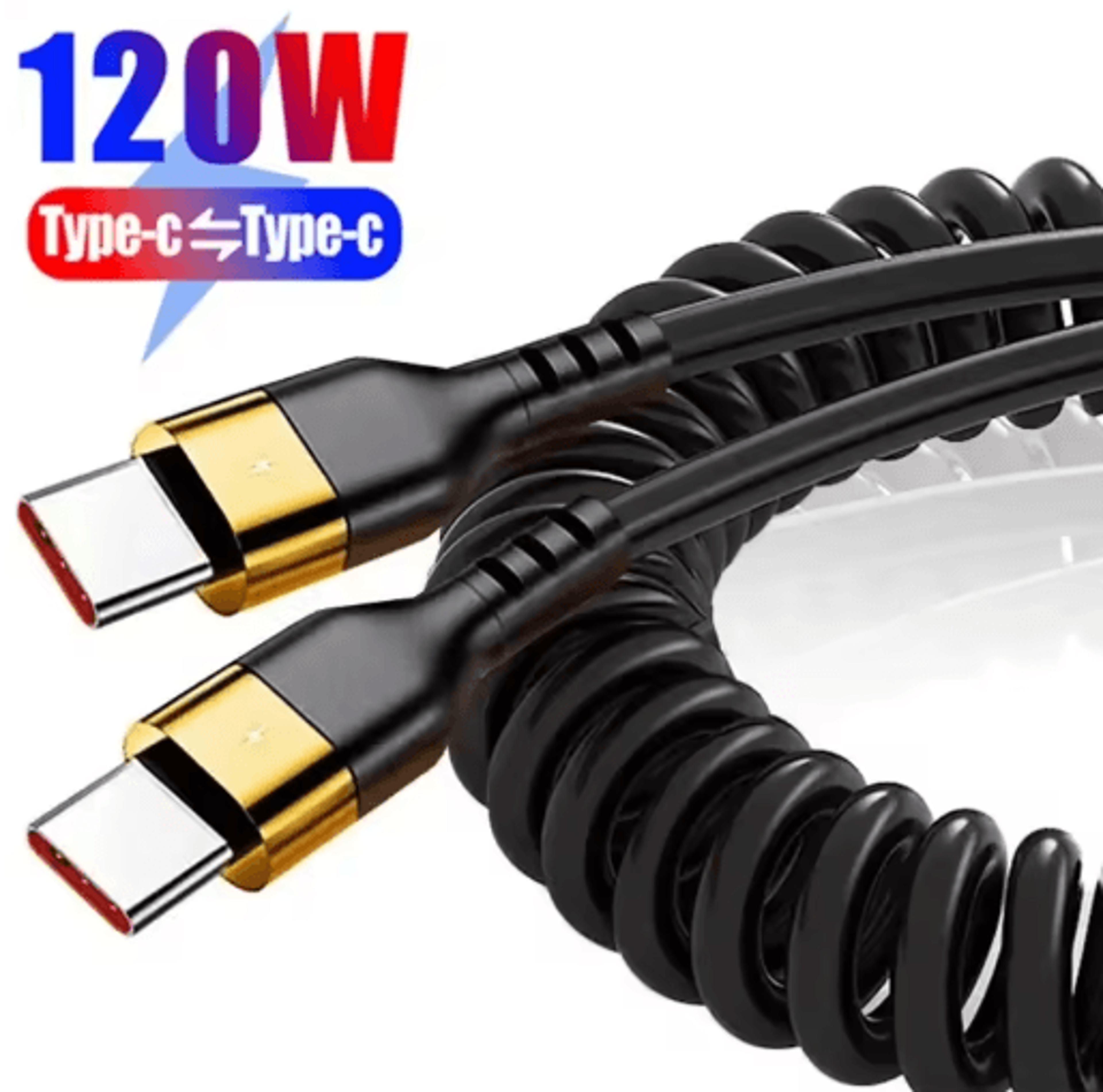 120w usb-c to usb-c car charging cable – 5a fast charge spring telescopic cord