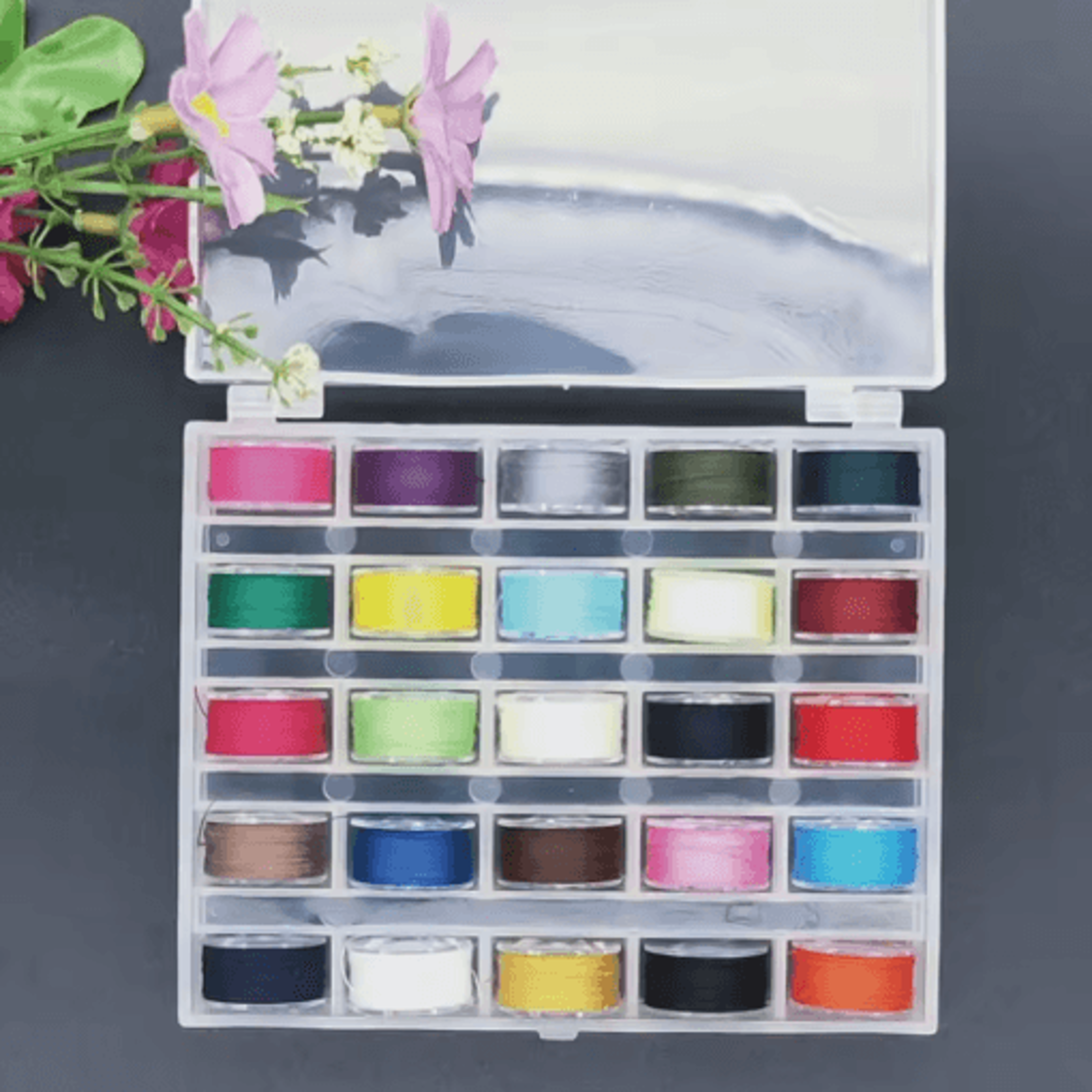 25 piece clear plastic bobbin set with storage box sewing machine accessories