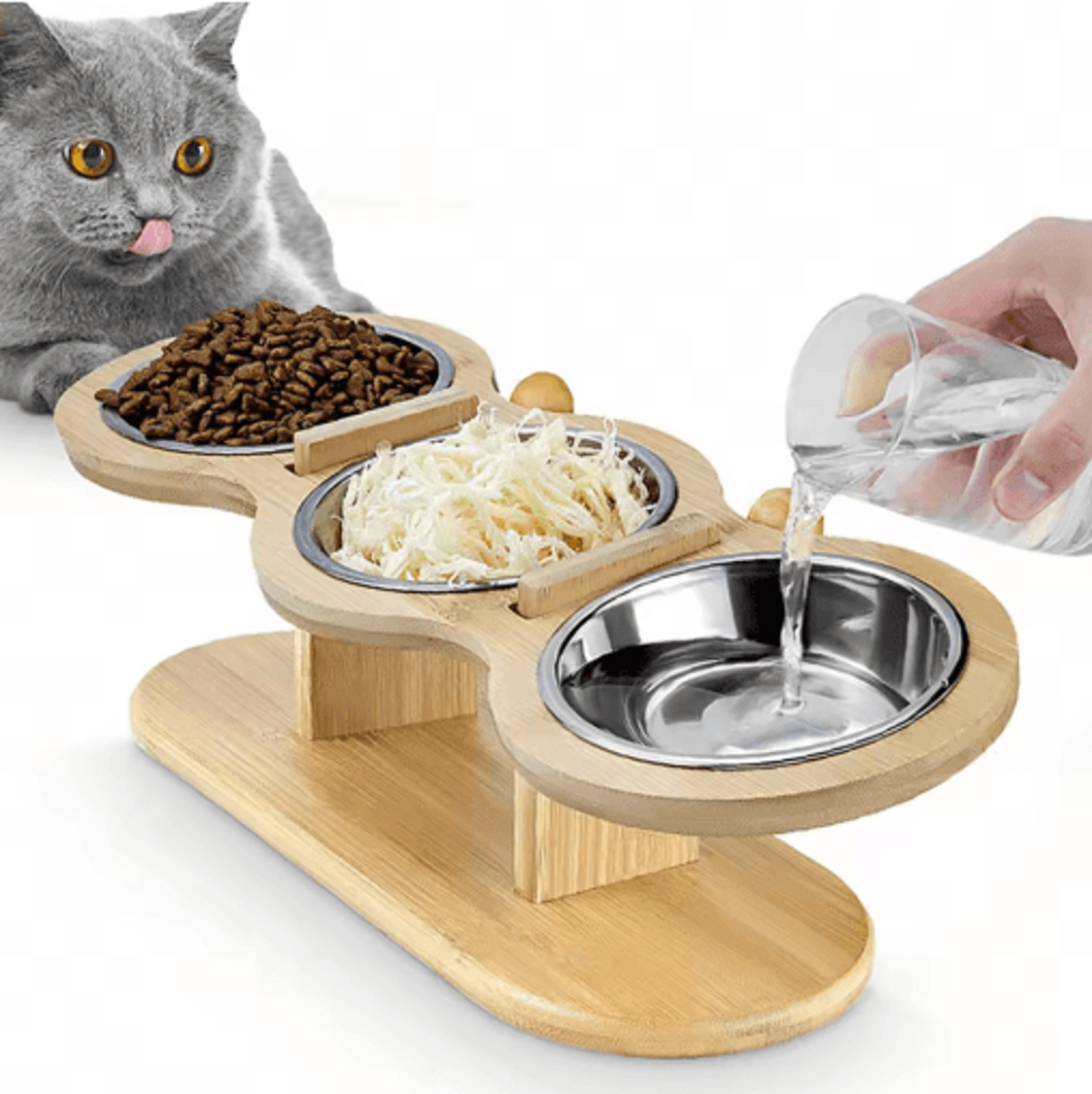 3-in-1 raised cat feeder with tilted stainless steel bowls